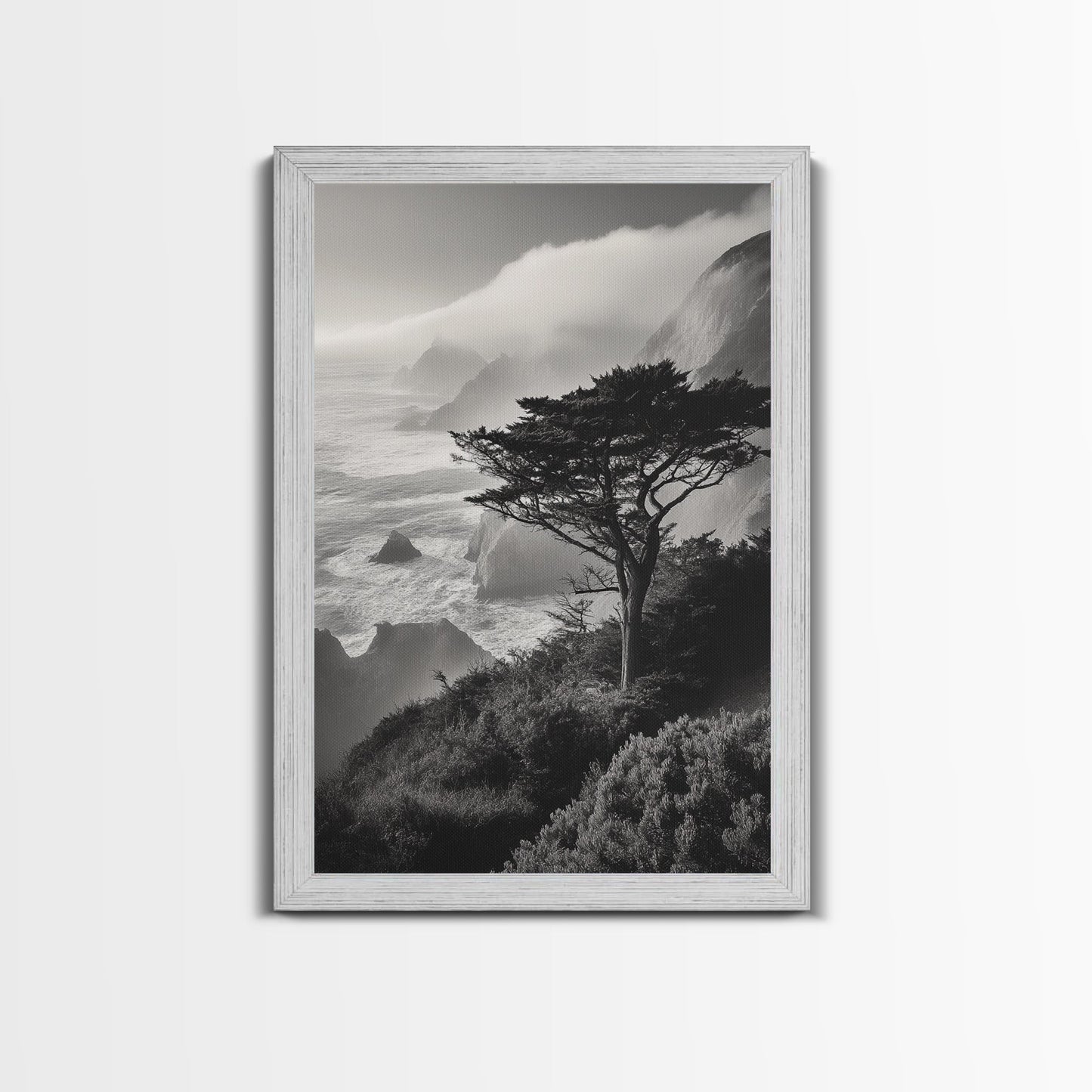 Tree On Cliffs, Foggy Coastline, Monochrome Coastal View, Moody Nature Scene, Framed Canvas Print, Bedroom Wall Art, Earthy Minimalist Decor