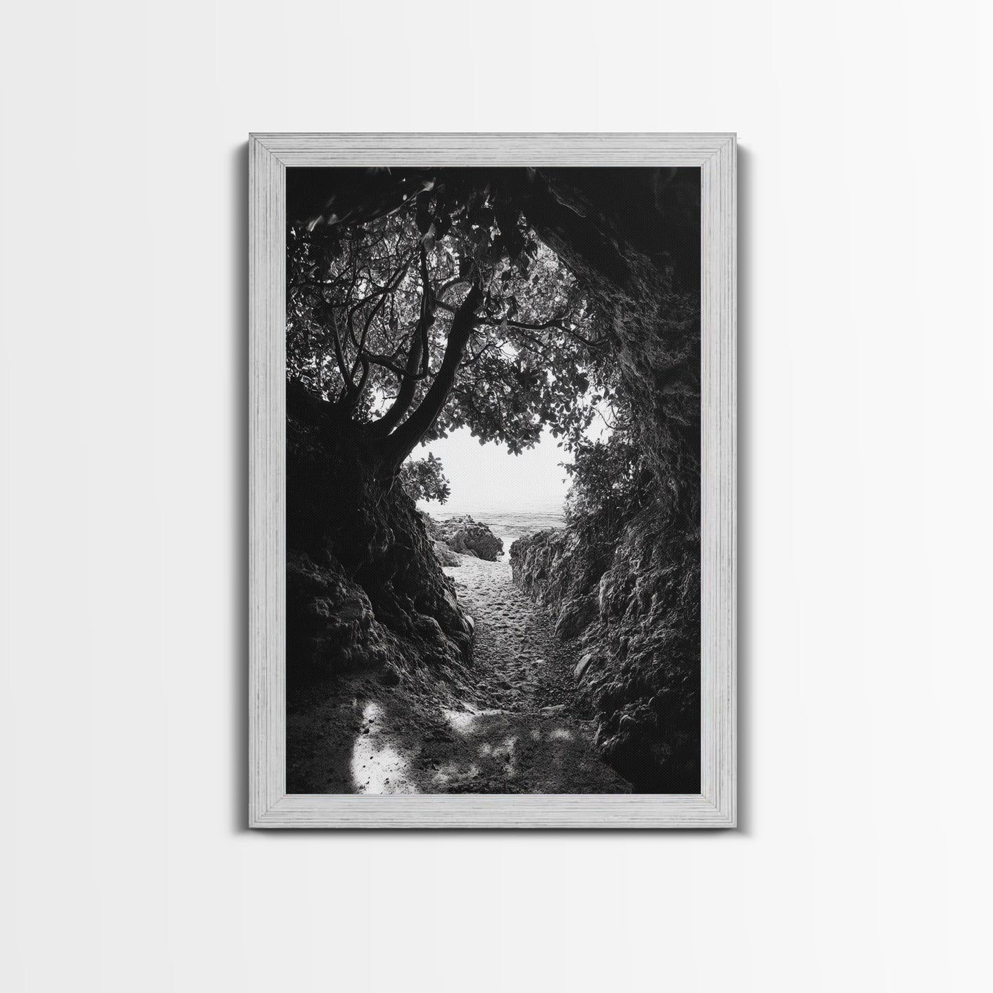 Hidden Beach, Cave Entrance, Secret Shoreline, Natural Light, Canvas Print, Bathroom Wall Decor, Travel Inspired Art, Black And White