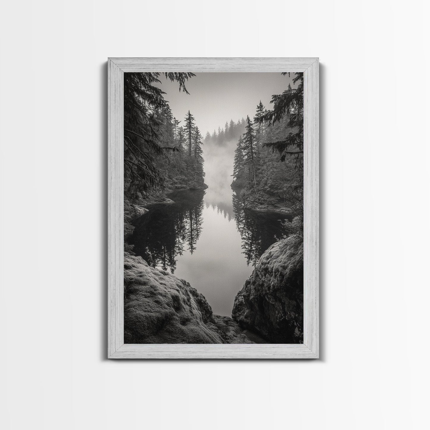 Misty Forest, River Reflection, Foggy Pines, Mountain Silence, Framed Canvas Print, Bedroom Wall Art, Tranquil Nature Photography, Zen Decor