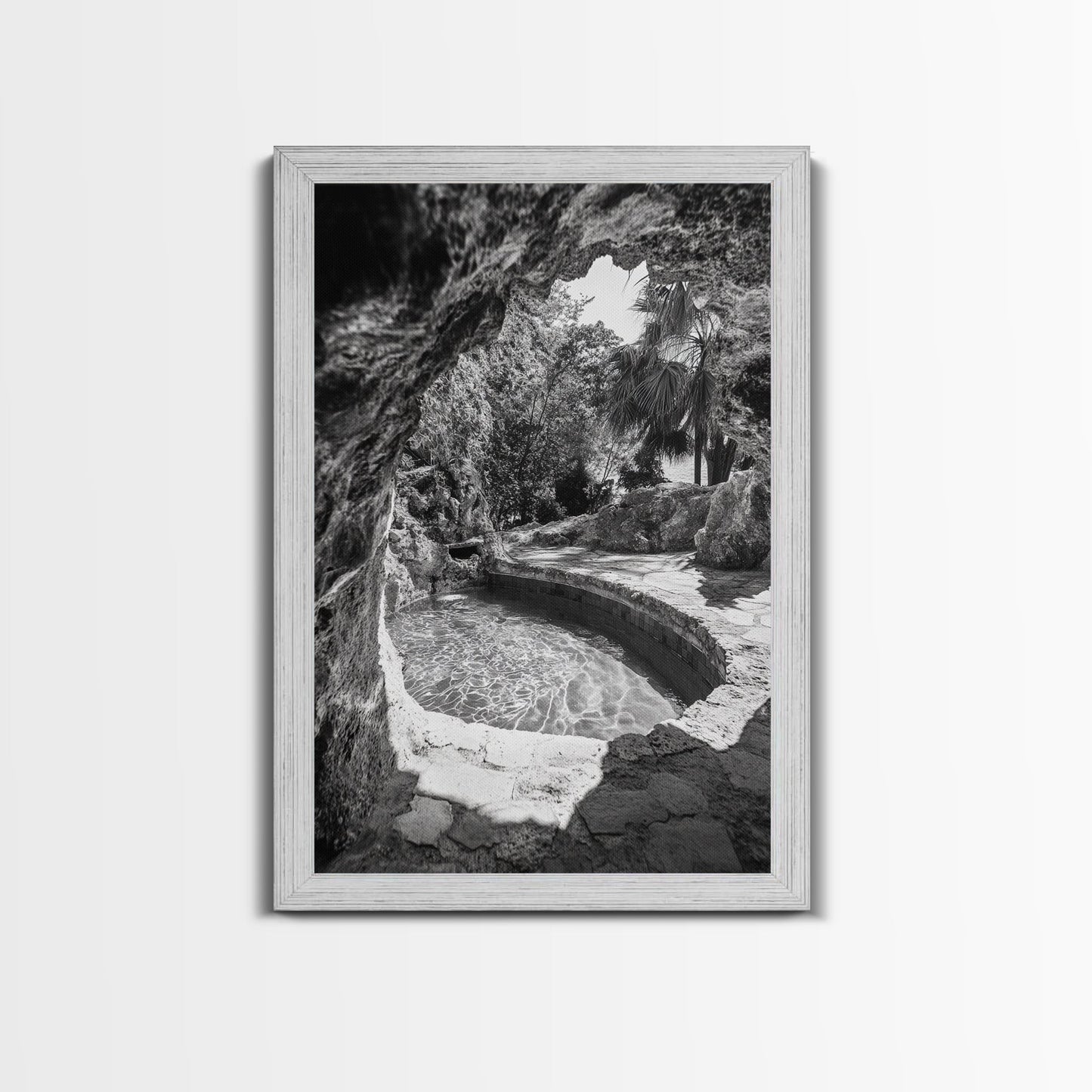 Hidden Pool Grotto, Tropical Oasis, Black and White Photo, Canvas Print, Spa Bathroom Art, Zen Vibes, Modern Nature Wall Decor