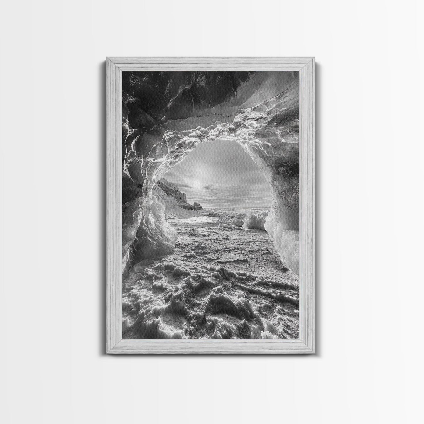Ice Cave Opening, Winter Wonderland, Arctic Light, Framed Canvas Print, Bedroom Wall Art, Nordic Landscape, Minimalist Winter Art