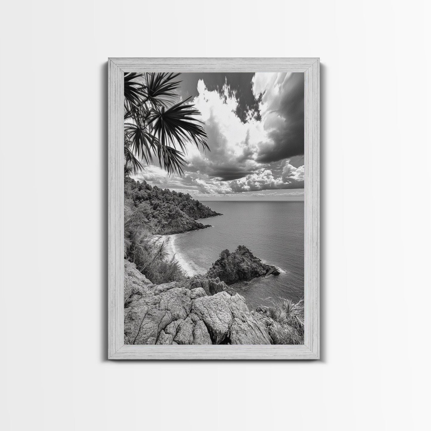 Island View Cliffs, Tropical Shoreline, Black and White Seascape, Framed Canvas Print, Bathroom Art, Travel Decor, Coastal Vibe