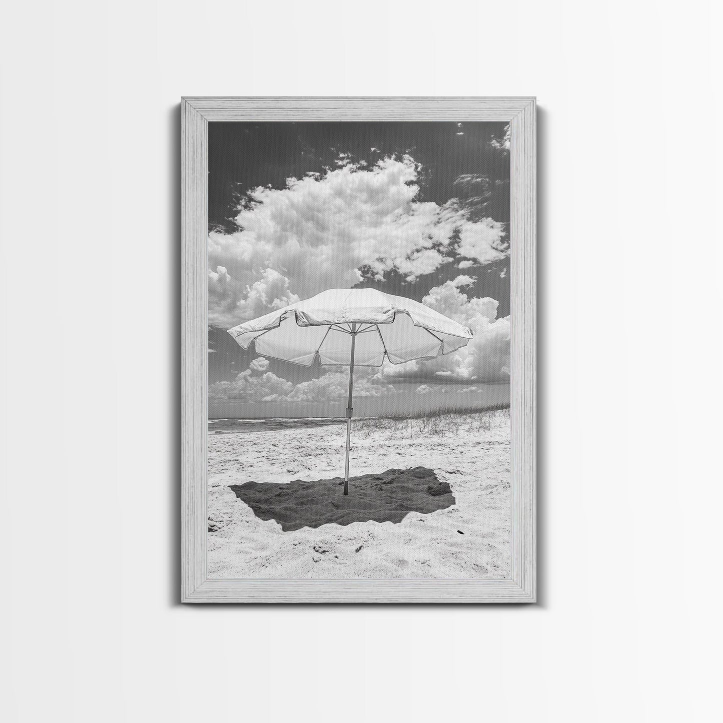 Beach Umbrella, Sunny Escape, Coastal Cloudscape, Framed Canvas Print, Summer Vibe Wall Art, Outdoor Living Decor, Travel Mood