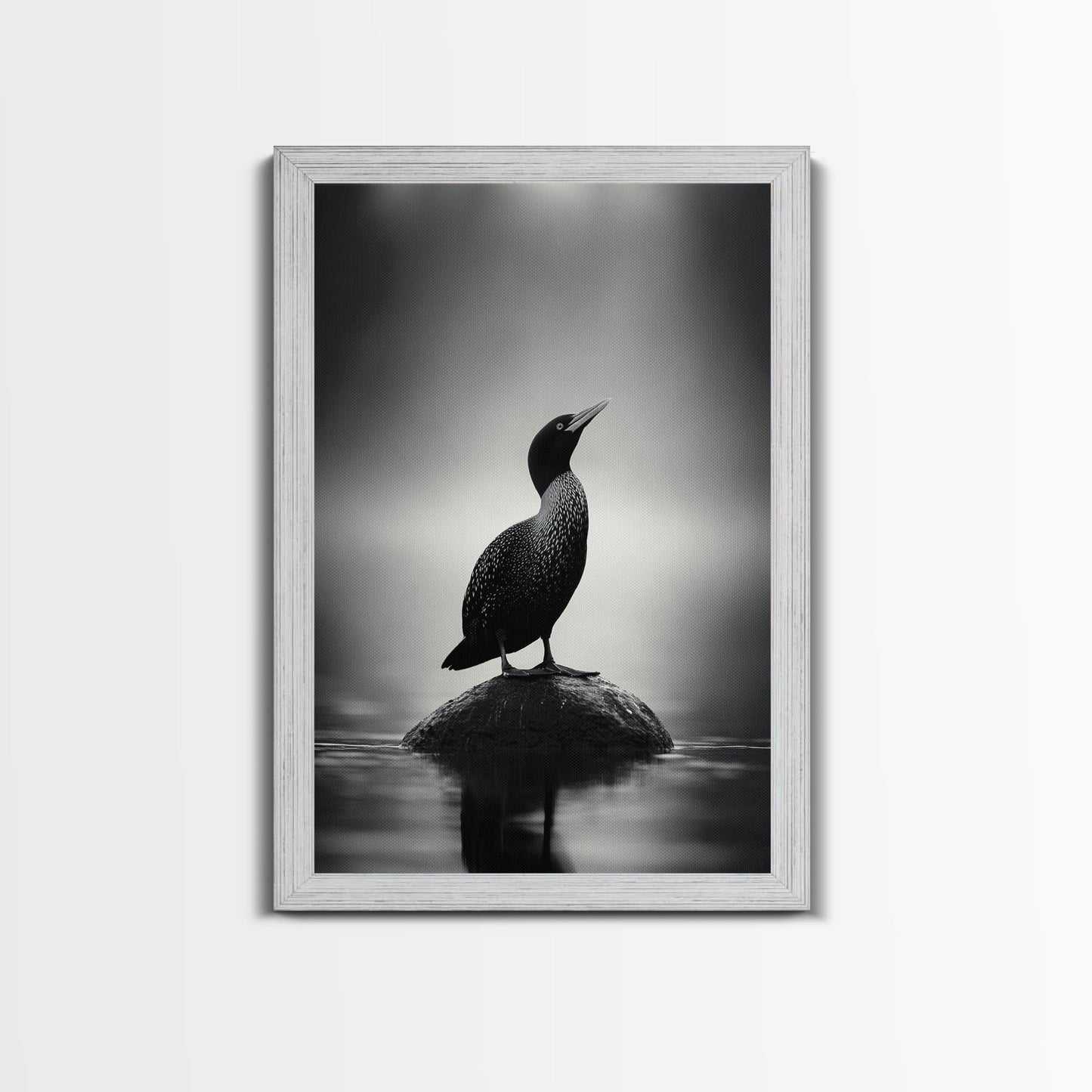 Loon on Rock, Morning Mist, Water Bird Focus, Canvas Print, Minimalist Animal Art, Office Decor, Tranquil Lake Scene Wall Art