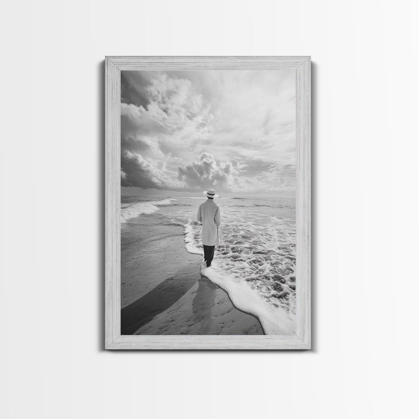 Man On Shore, Thoughtful Walk, Ocean Wanderer, Framed Canvas Print, Minimalist Fall Art, Bedroom Decor, Moody Coastal Scene