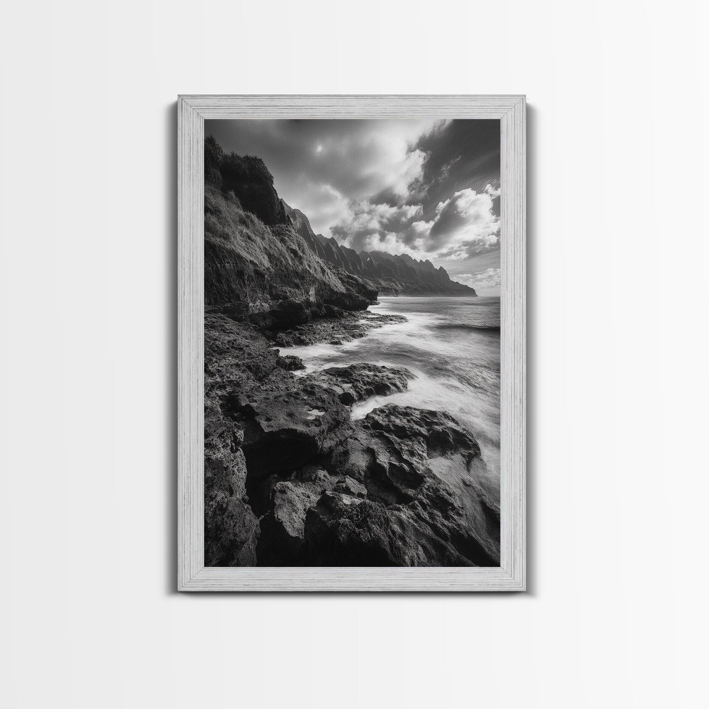 Coastal Cliffs, Ocean Horizon, Wild Waves, Framed Canvas Print, Bathroom Wall Art, Black and White Seascape, Coastal Decor, Moody Art