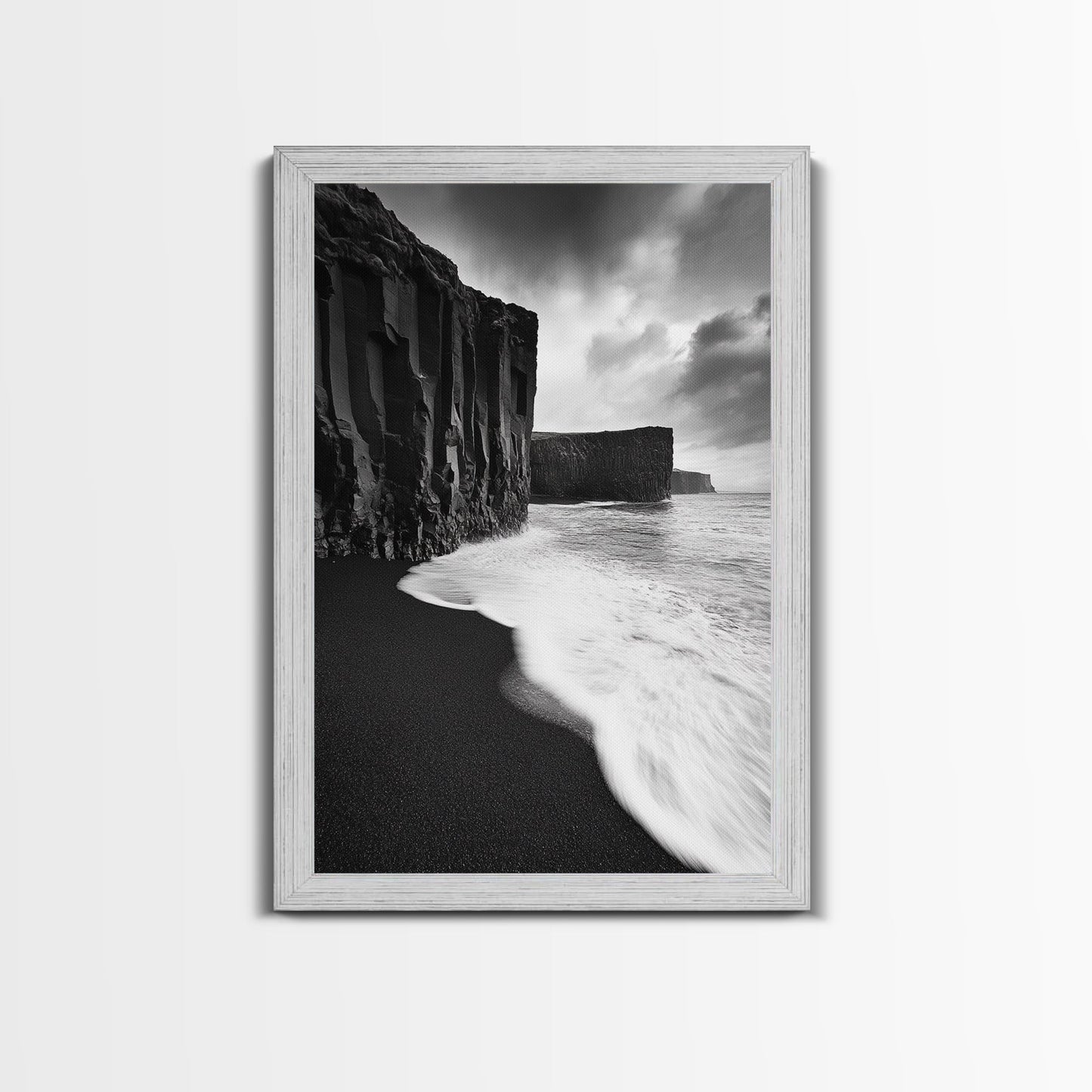 Ocean Cliffs, Black Sand, Moody Coast, Rugged Shoreline, Framed Canvas Print, Icelandic Wall Art, Adventure Decor, Modern Nature Art