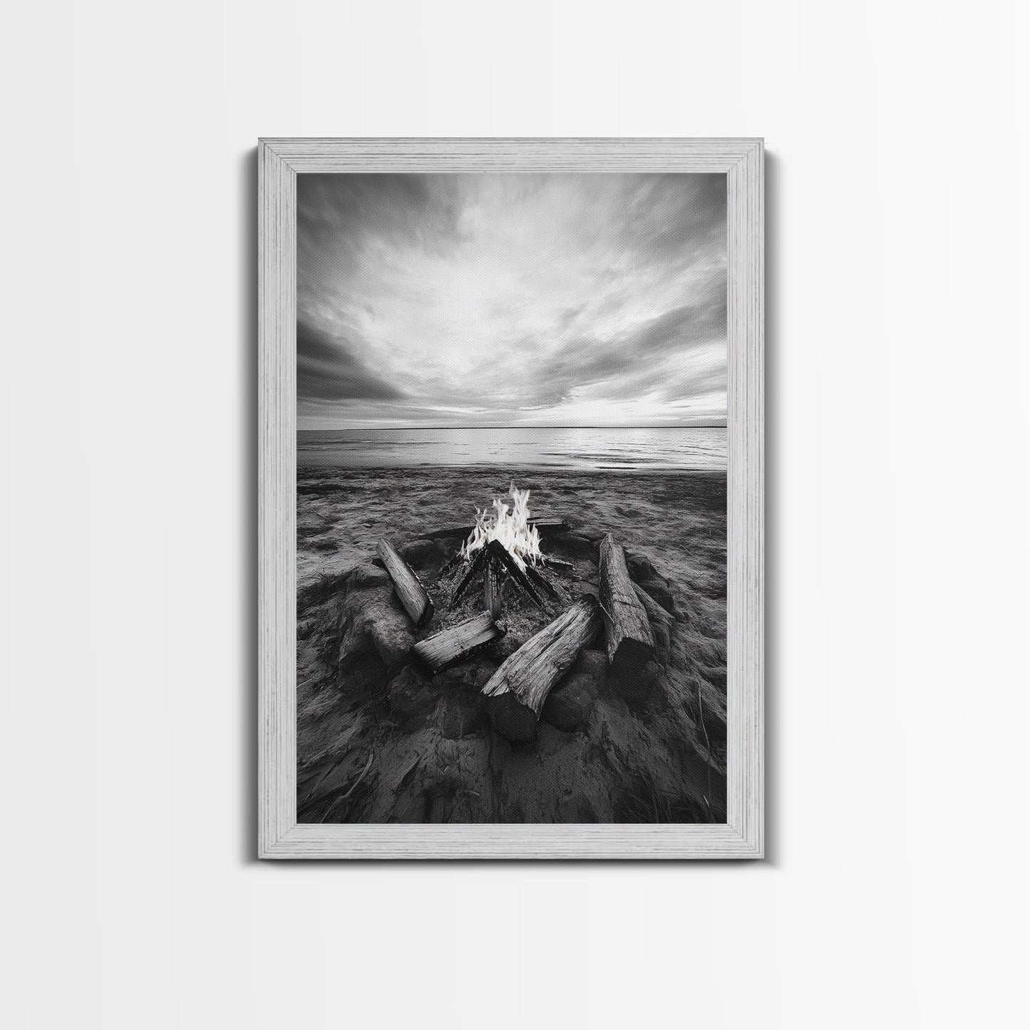 Coastal campfire glow, serene seaside bonfire, sunset flames, sandy warmth, Framed Canvas Print, Fall decor, cozy cabin wall art