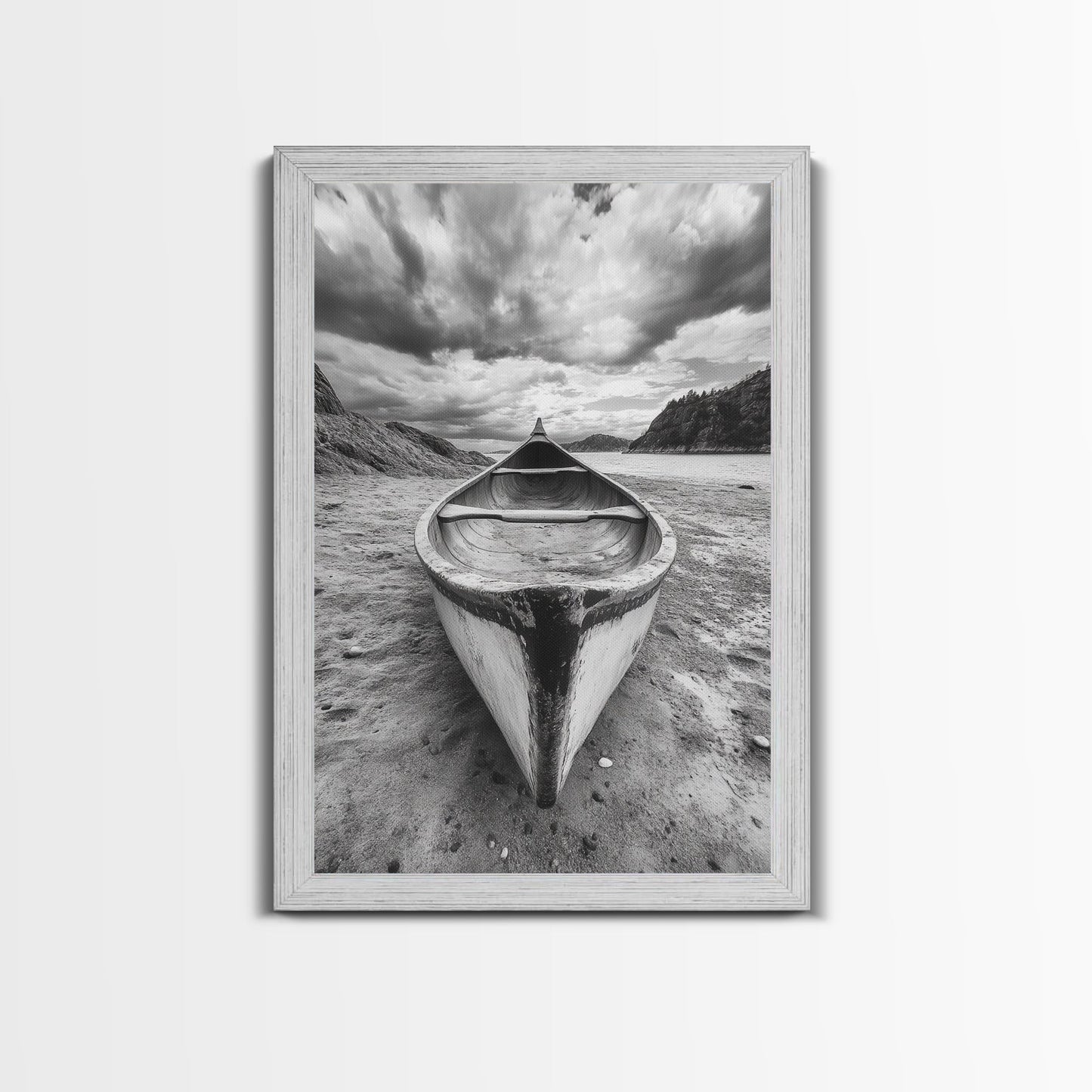 Canoe, Shoreline, Dramatic, Sky - canoe landscape Canvas Print, rustic wall art, entryway decor, nature photography, monochrome mountain
