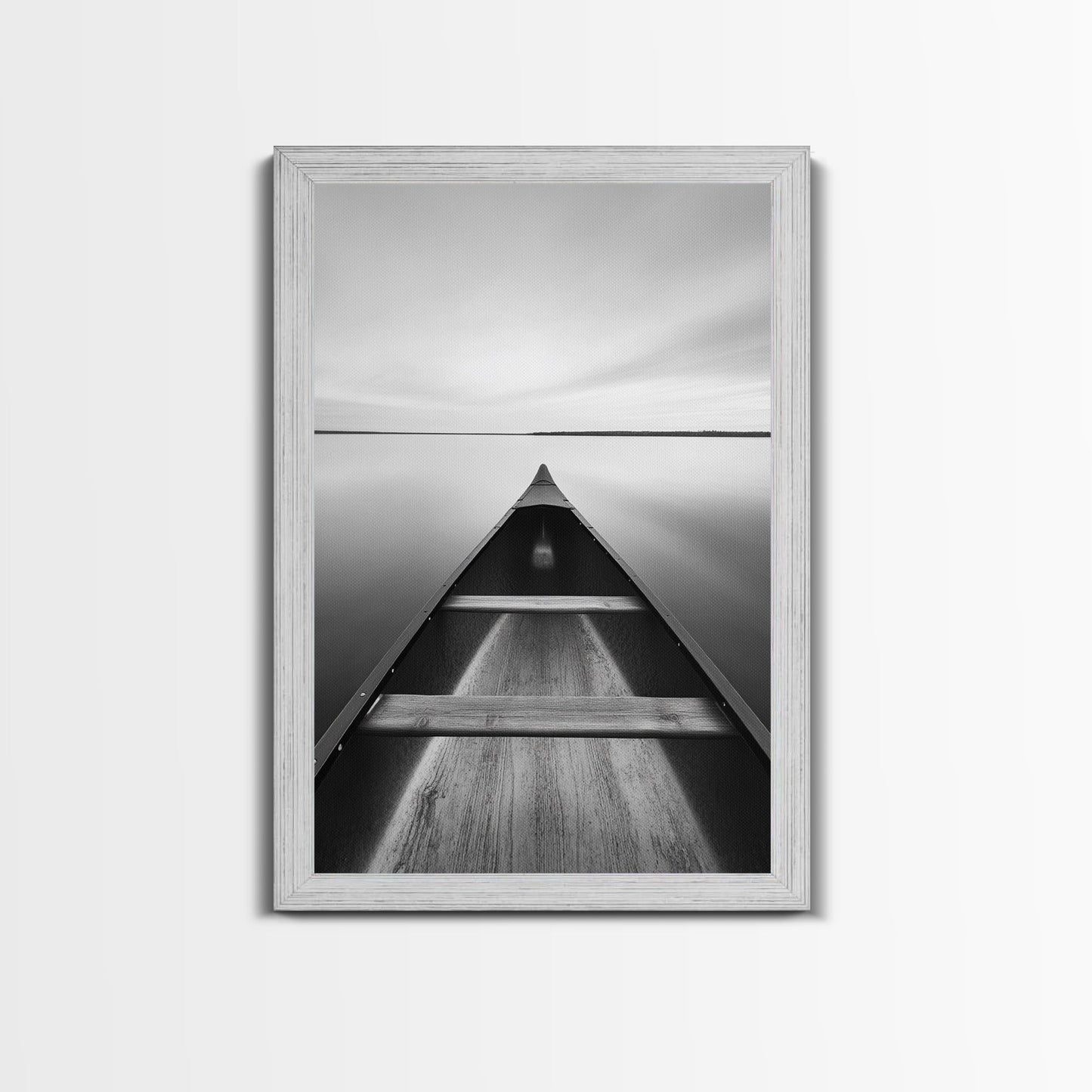 Canoe, Lake, Calm, Horizon - Minimalist lake paddle scene, Framed Canvas Print, peaceful home office art, Scandinavian decor, wilderness print