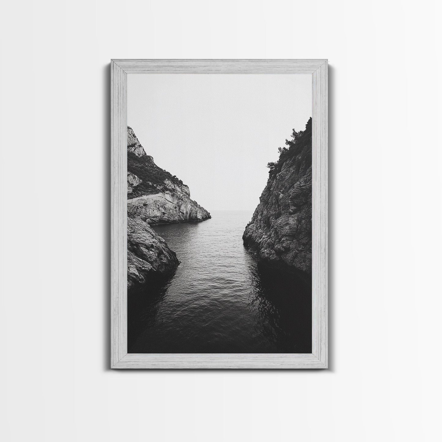 Cliffs, Ocean, Channel, Serenity - Dramatic rocky inlet view, Framed Canvas Print, ideal bathroom or hallway wall art, nature lover minimalist
