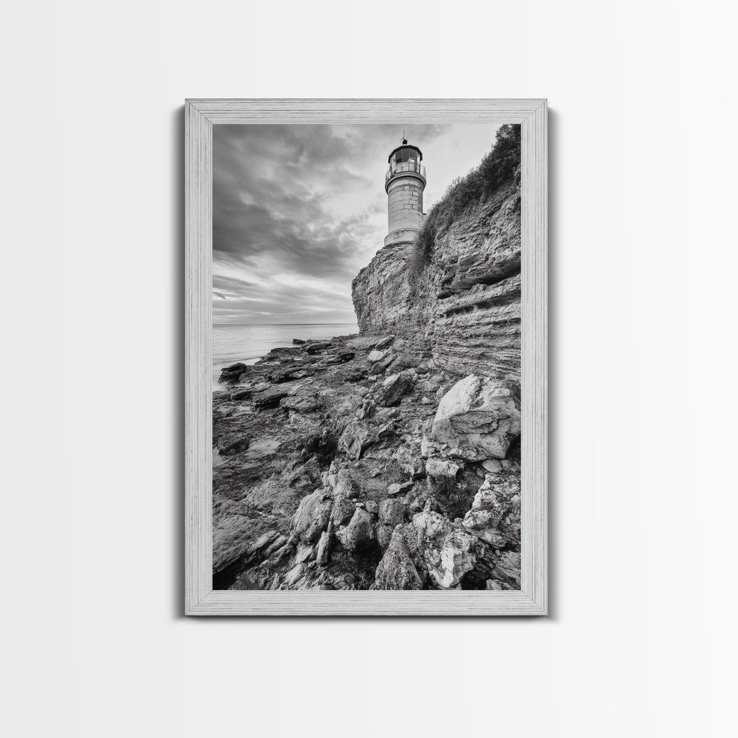 Lighthouse Beacon, Rocky Shoreline, Nautical Coastal Scene, Framed Canvas Print, Ocean View Art, Seaside Living Room Wall Decor