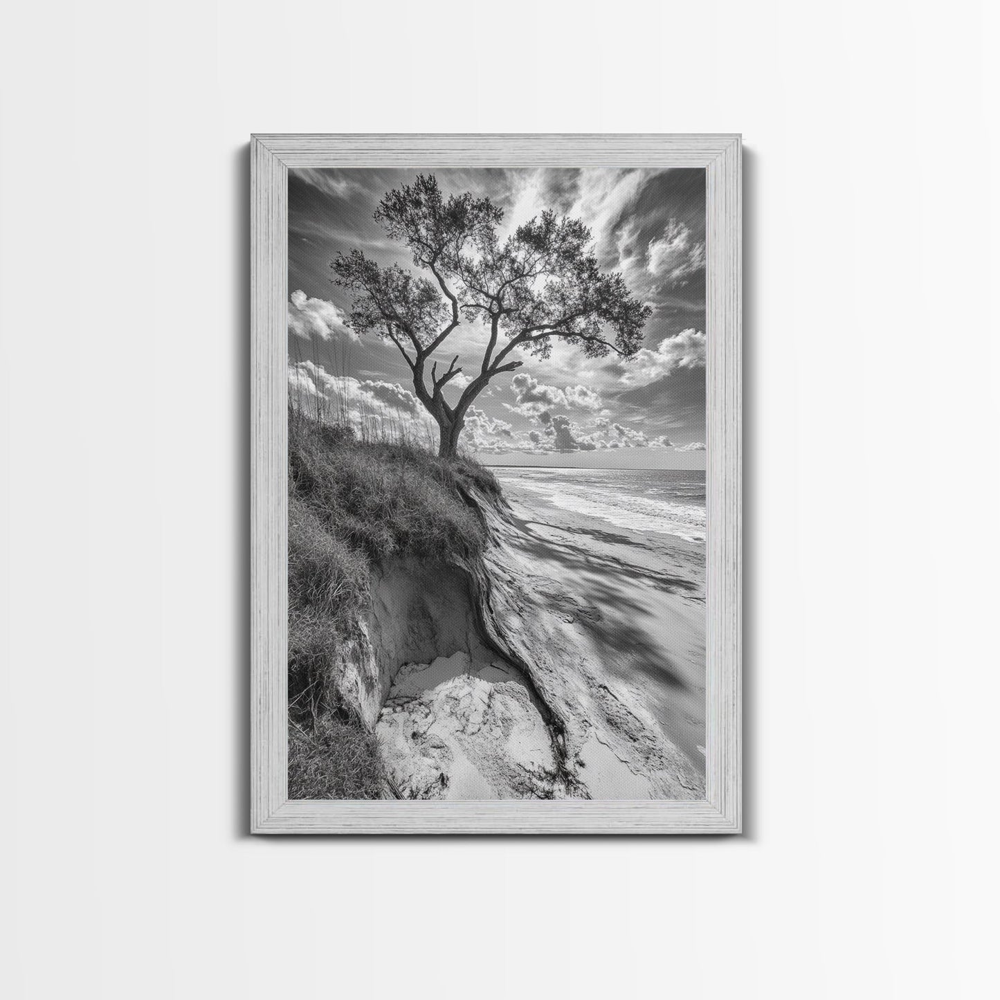 Coastal Tree Scene, Wind Swept Dune, Ocean Beach Horizon, Autumn Coastal Wall Art, Framed Canvas Print, Nature Lover Home Decor