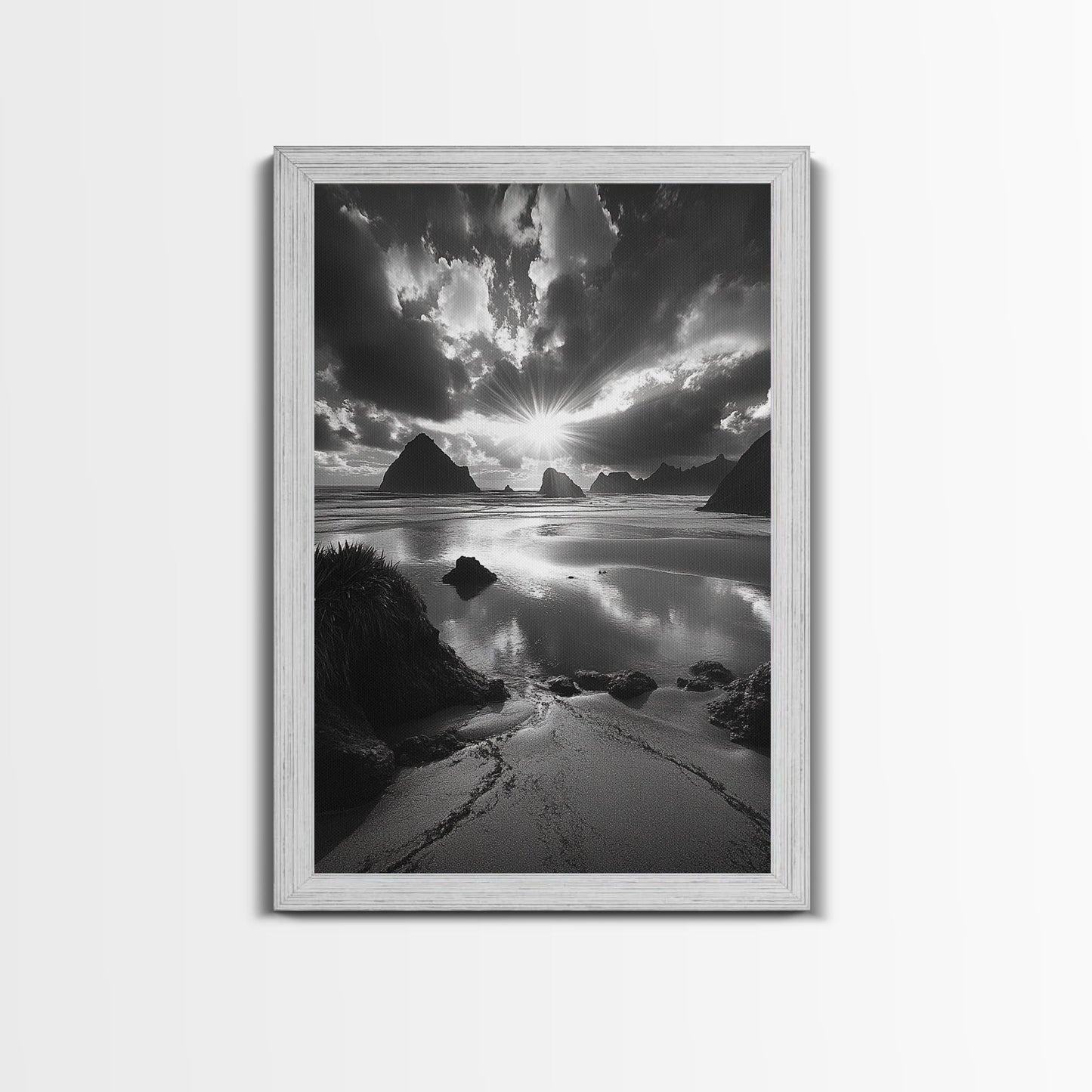 Dramatic Ocean Sunset, Coastal Mountains, Seascape Photography, Canvas Print, Stormy Sky Art, Living Room Focal Wall Decor