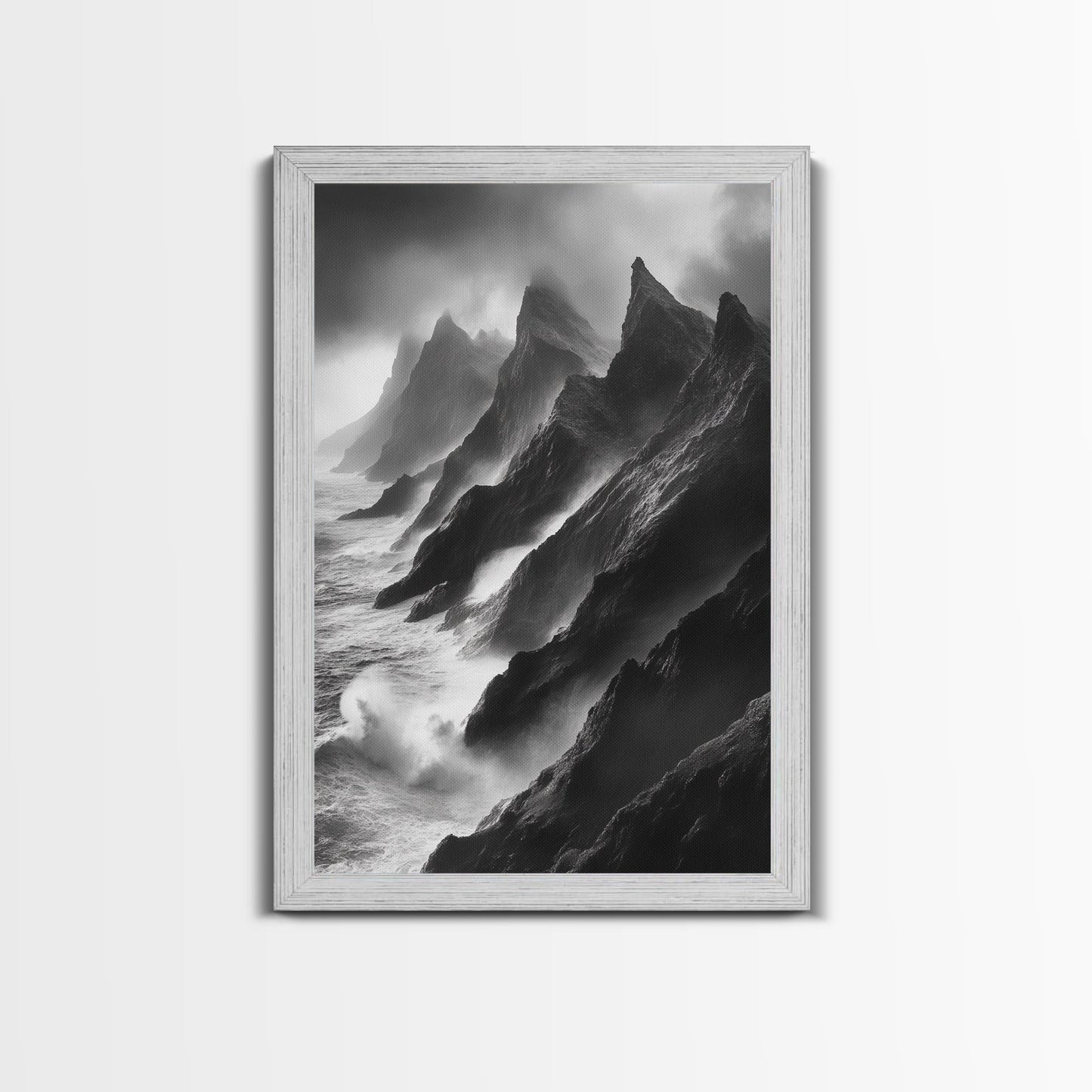 Jagged Cliff Coast, Stormy Ocean Scene, Dramatic Nature Art, Black White Photography, Framed Canvas Print, Office Wall Art, Coastal Decor
