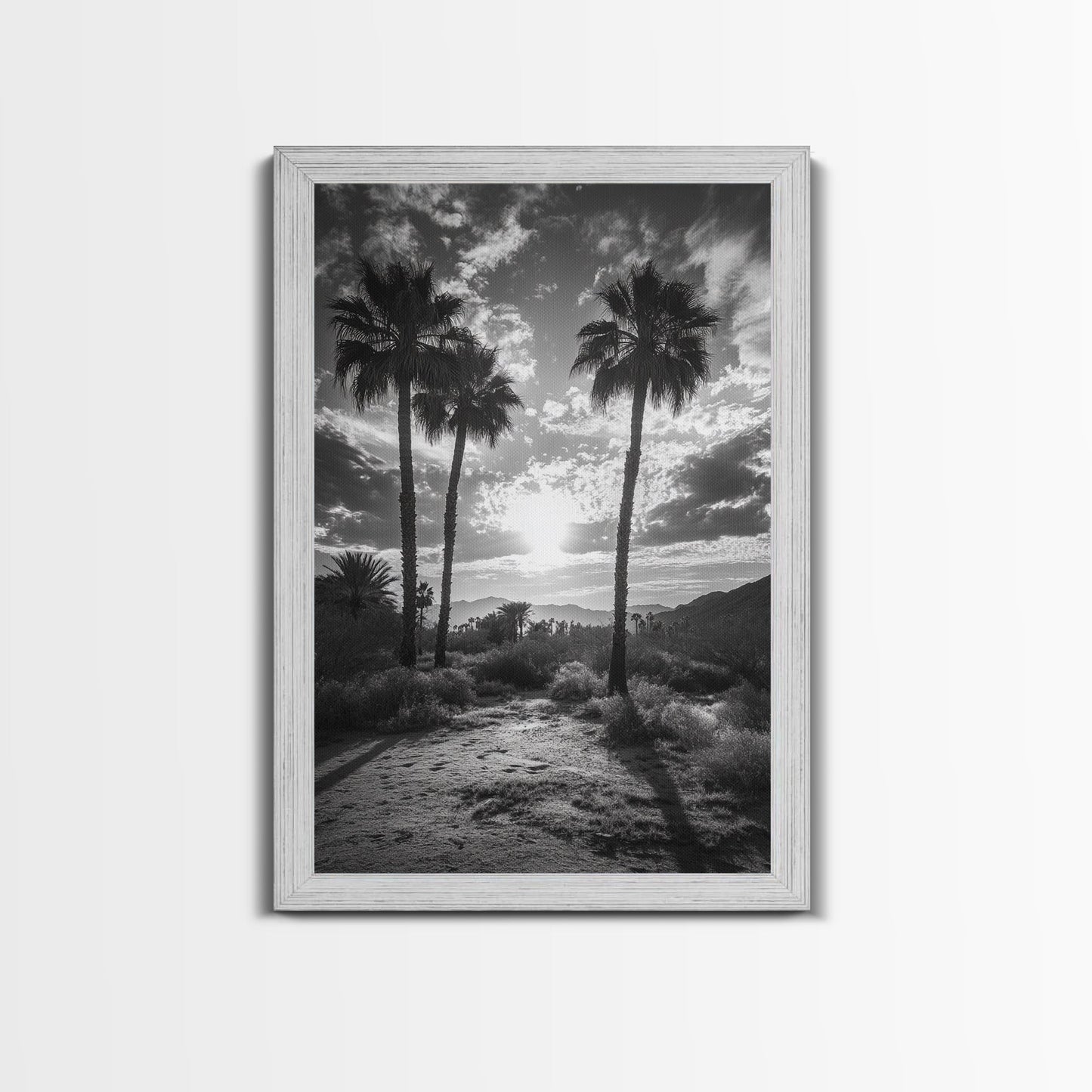 Palm Sunset, Desert Light, Silhouetted Trees, Framed Canvas Print, Tropical Boho Wall Art, Sunset Living Room Decor, Moody Nature Style