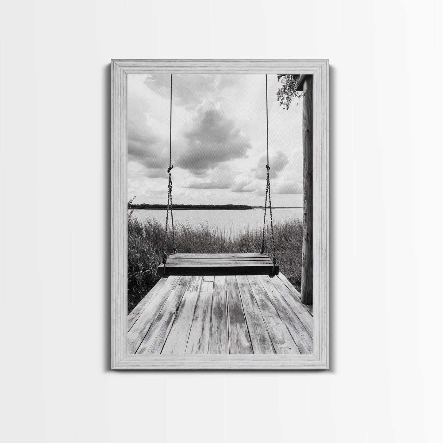 Lake Swing, Cloudy Sky, Calm View, Framed Canvas Print, Farmhouse Wall Art, Serene Kitchen Decor, Rustic Black and White Photography