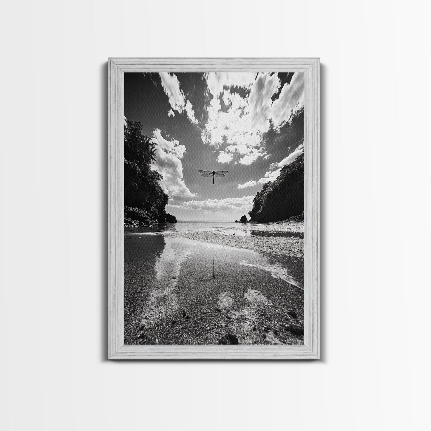 Dragonfly Flight, Beach View, Nature Dream, Framed Canvas Print, Whimsical Wall Art, Surreal Living Room Decor, Black and White Nature Style