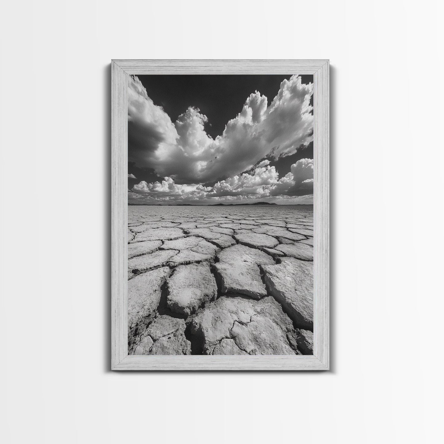 Cracked Earth, Storm Sky, Desert View, Framed Canvas Print, Dramatic Landscape Art, Modern Living Room Decor, Moody Minimalist Wall Art