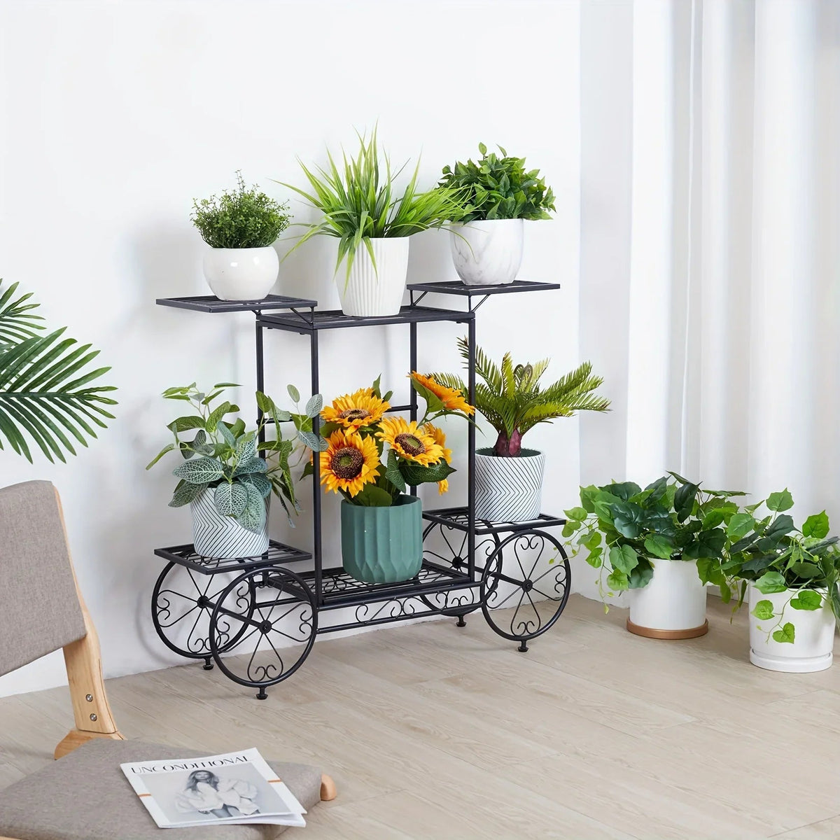 6-Tier Metal Garden Cart Plant Stand Iron Flower Display Rack