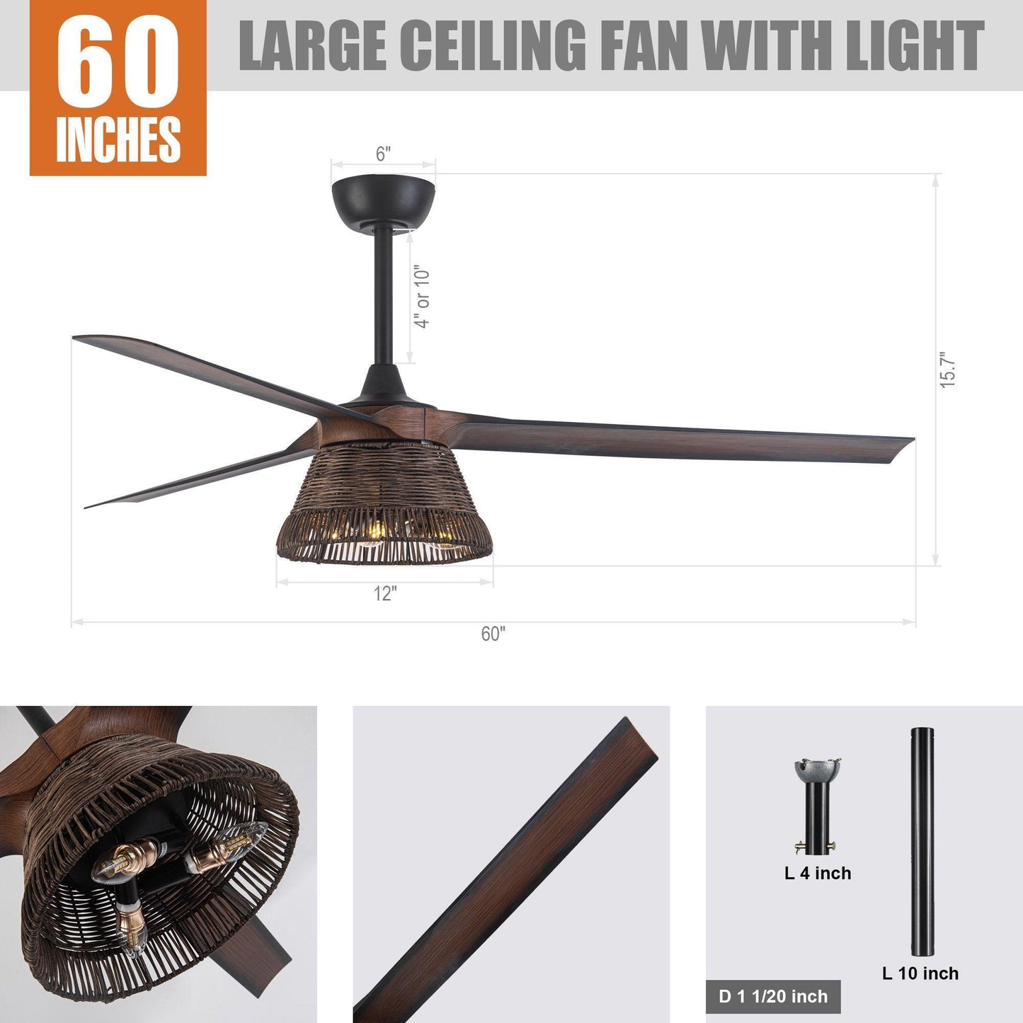 60" Farmhouse AC Motor Downrod Mount Reversible Ceiling Fan With Lighting And Remote Control