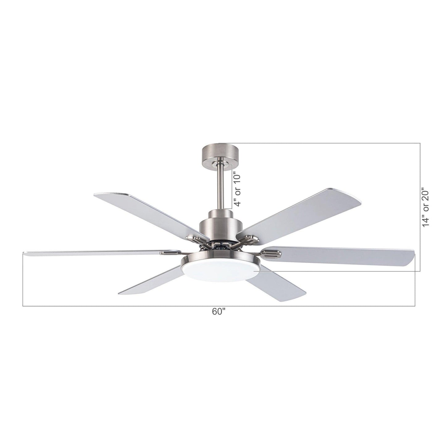 60" Modern Satin Nickel DC Motor Downrod Mount Reversible Ceiling Fan With Lighting And Remote Control