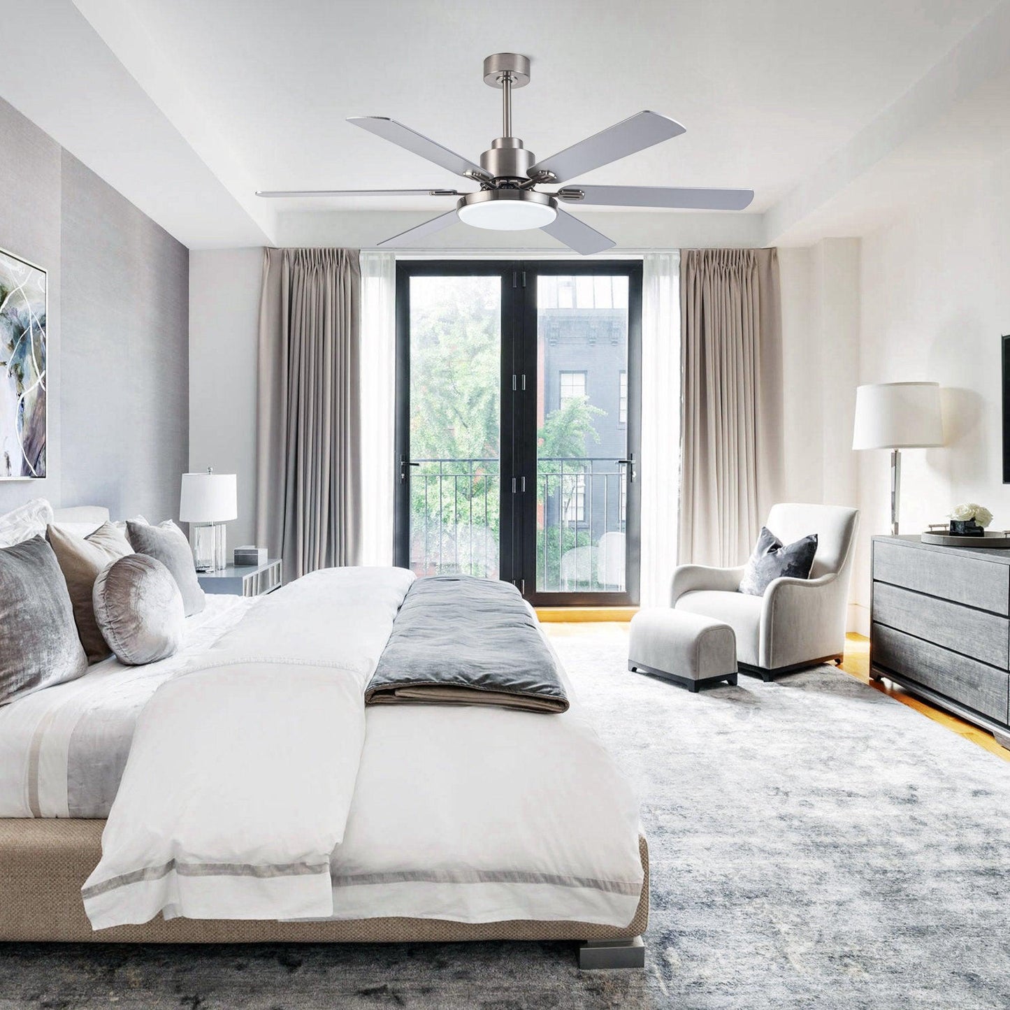 60" Modern Satin Nickel DC Motor Downrod Mount Reversible Ceiling Fan With Lighting And Remote Control