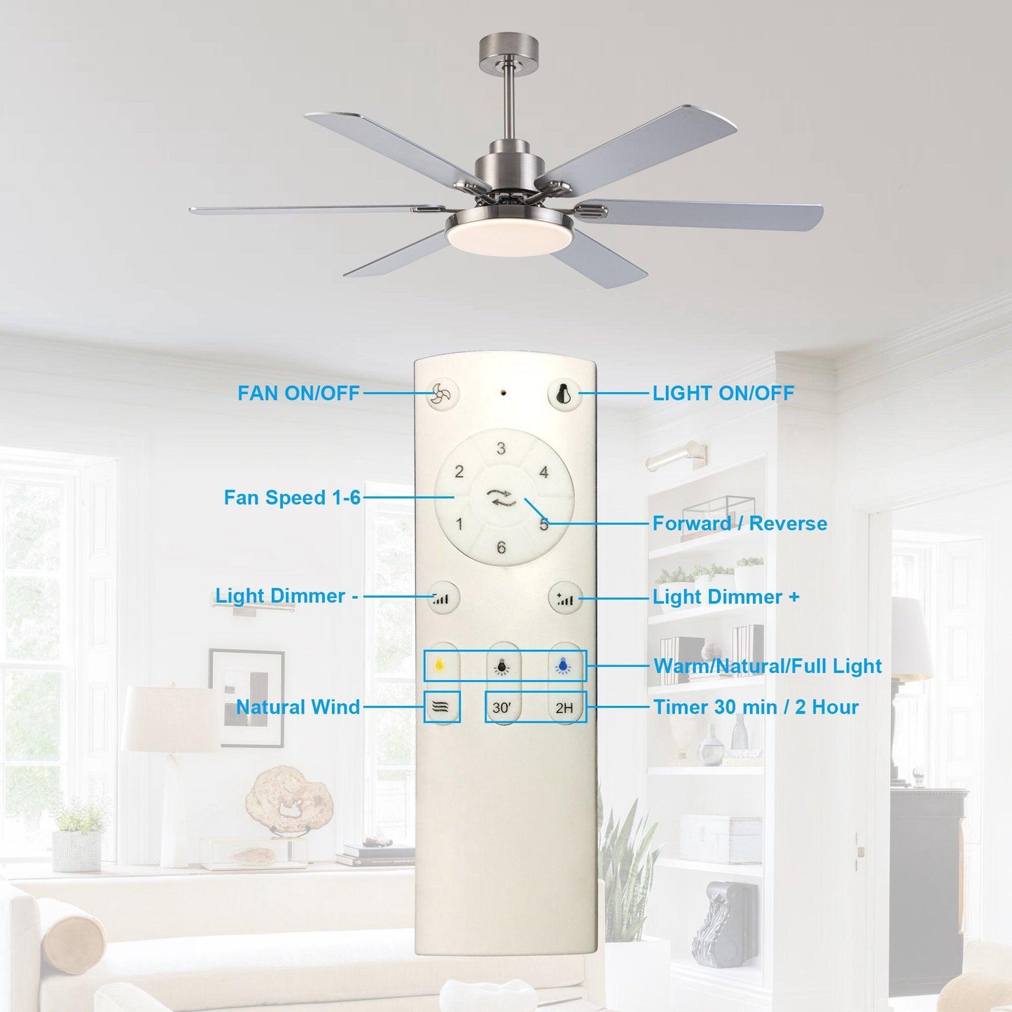 60" Modern Satin Nickel DC Motor Downrod Mount Reversible Ceiling Fan With Lighting And Remote Control