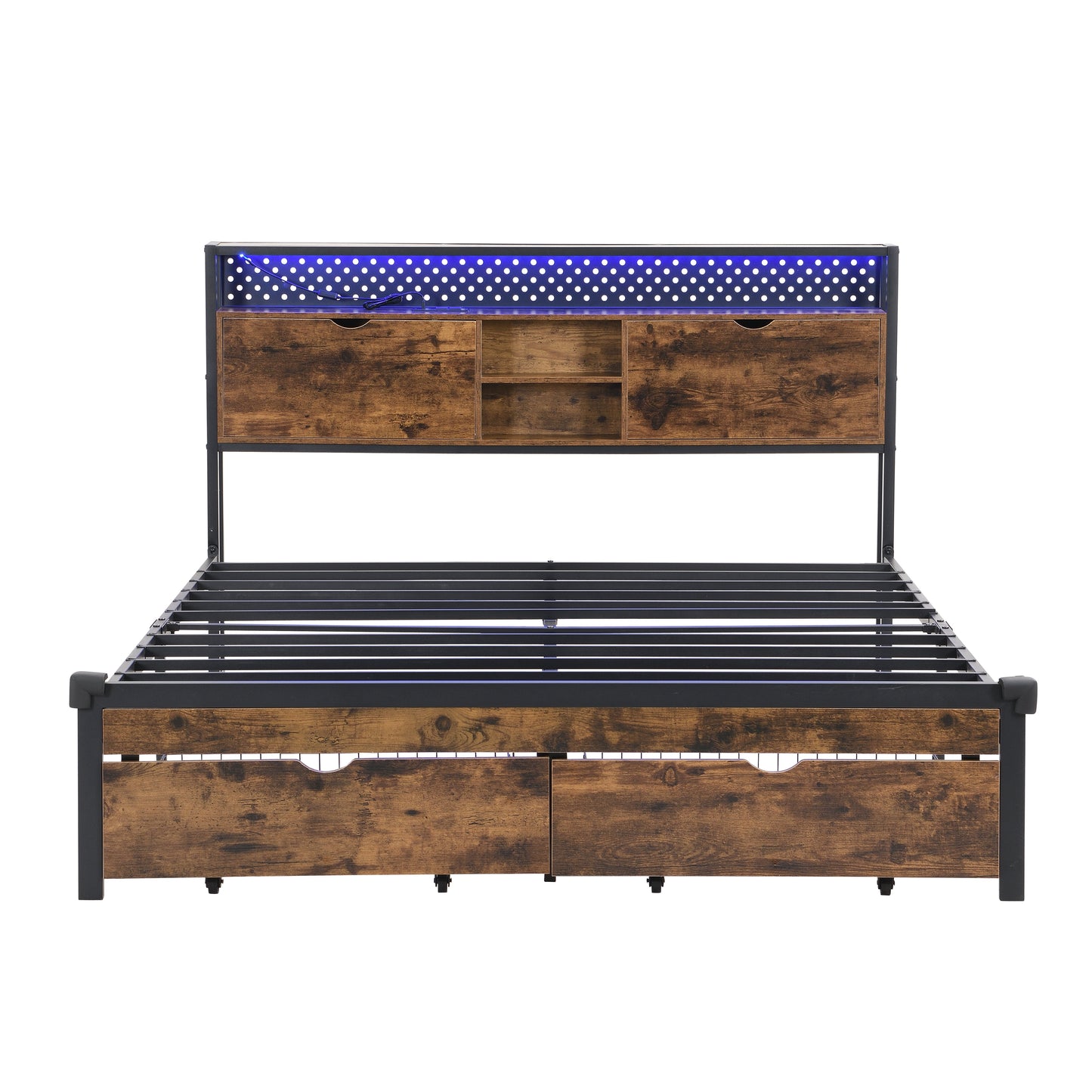 King Size Metal Platform Bed Frame with Wooden Headboard