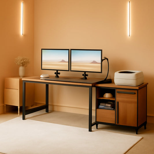 71 Inch Walnut Executive L Shaped Desk With File Cabinet