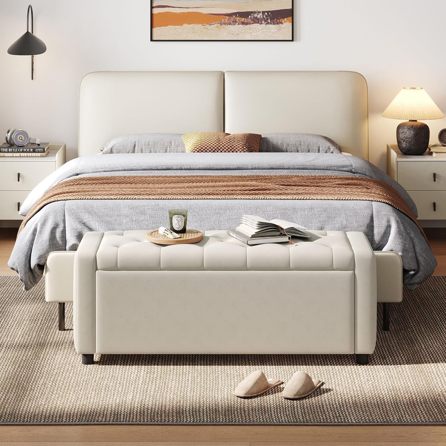 Fifty Inch Upholstered Storage Ottoman Bench Beige