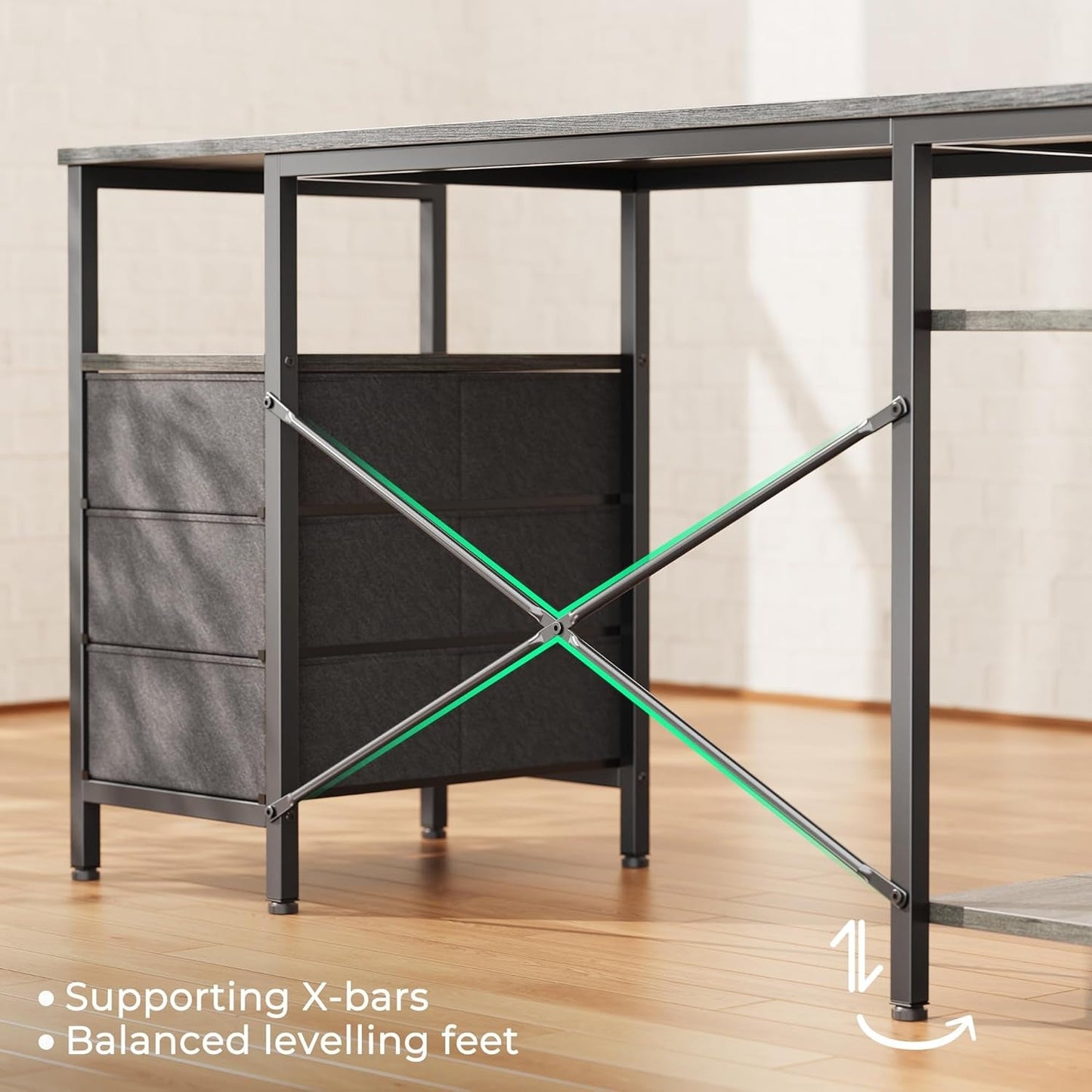 47 Inch L Shaped Desk With Power Outlets And 3 Drawers Grey