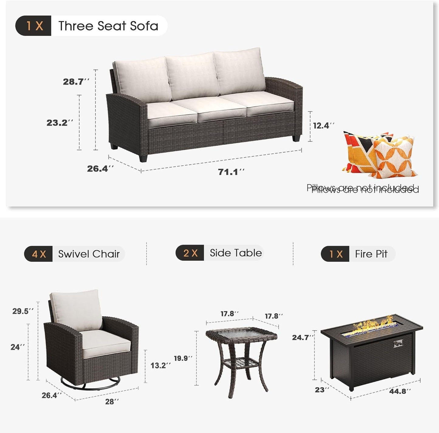 Eight Piece Outdoor Patio Furniture Set with Firepit