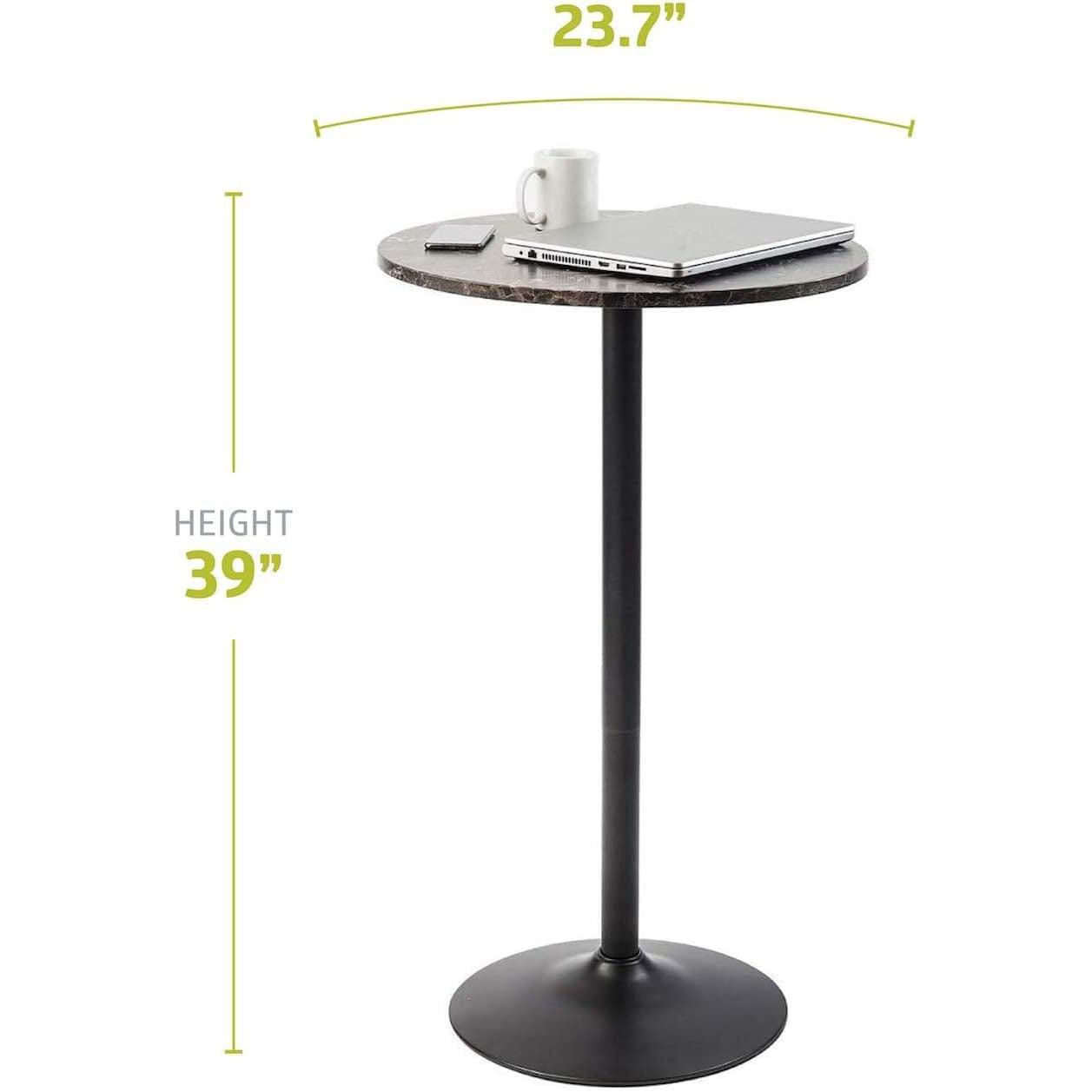 Round Pub Table With Faux Marble Top And Black Metal Base with dimensions of 23.7 inches wide and 39 inches high.