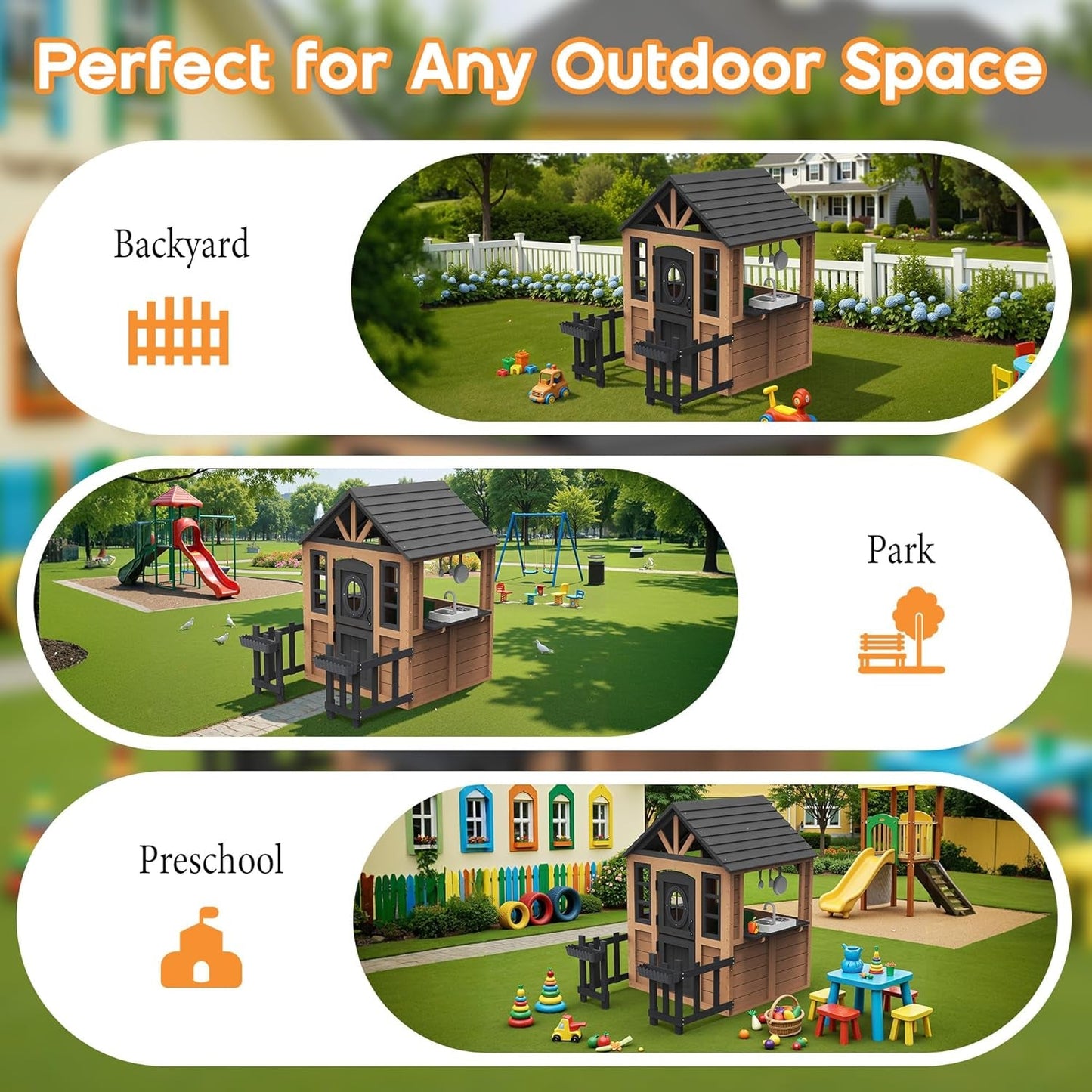 Outdoor Wooden Playhouse With Kitchen Weather proof Roof