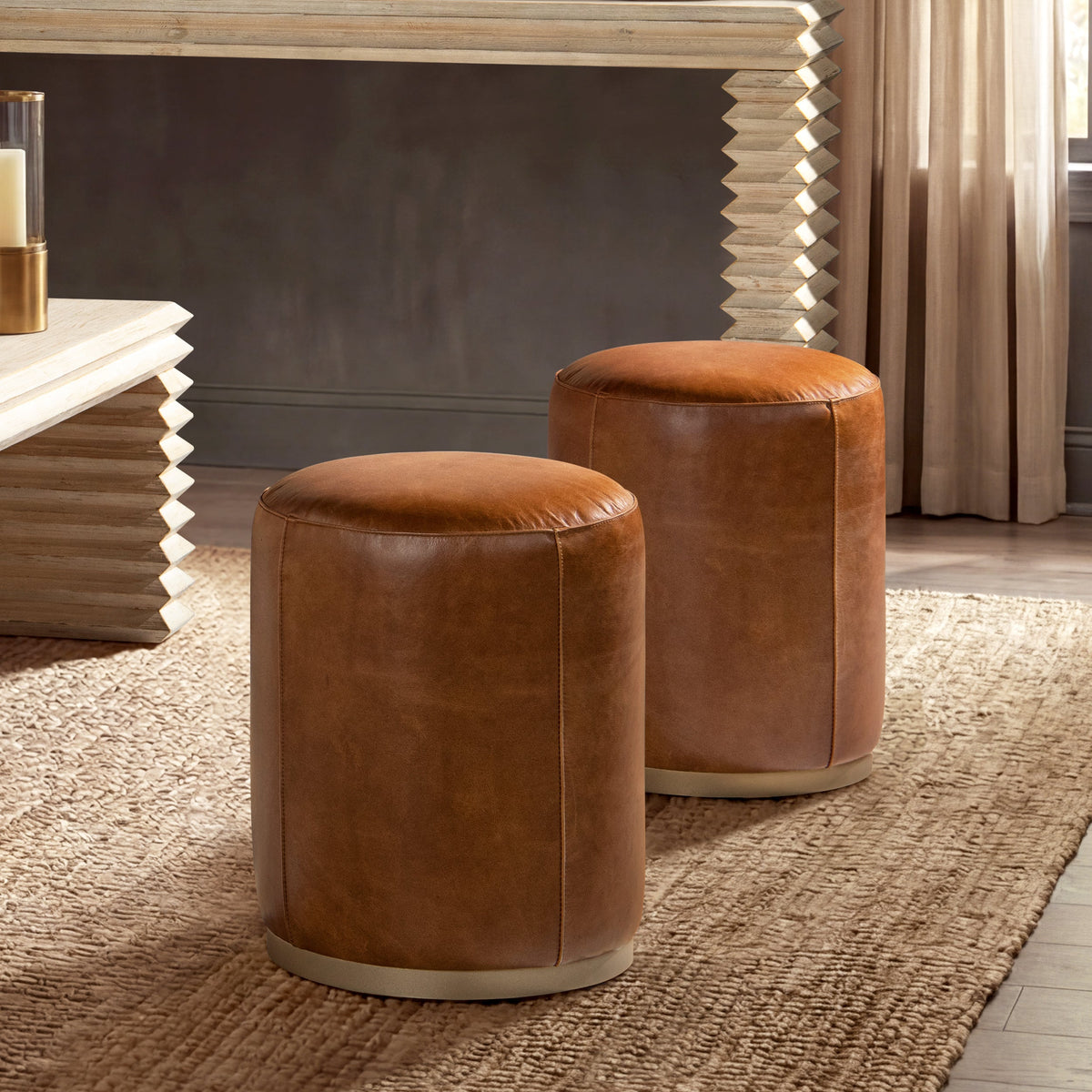 Nico 16" Round Leather Ottoman Stool, Camel