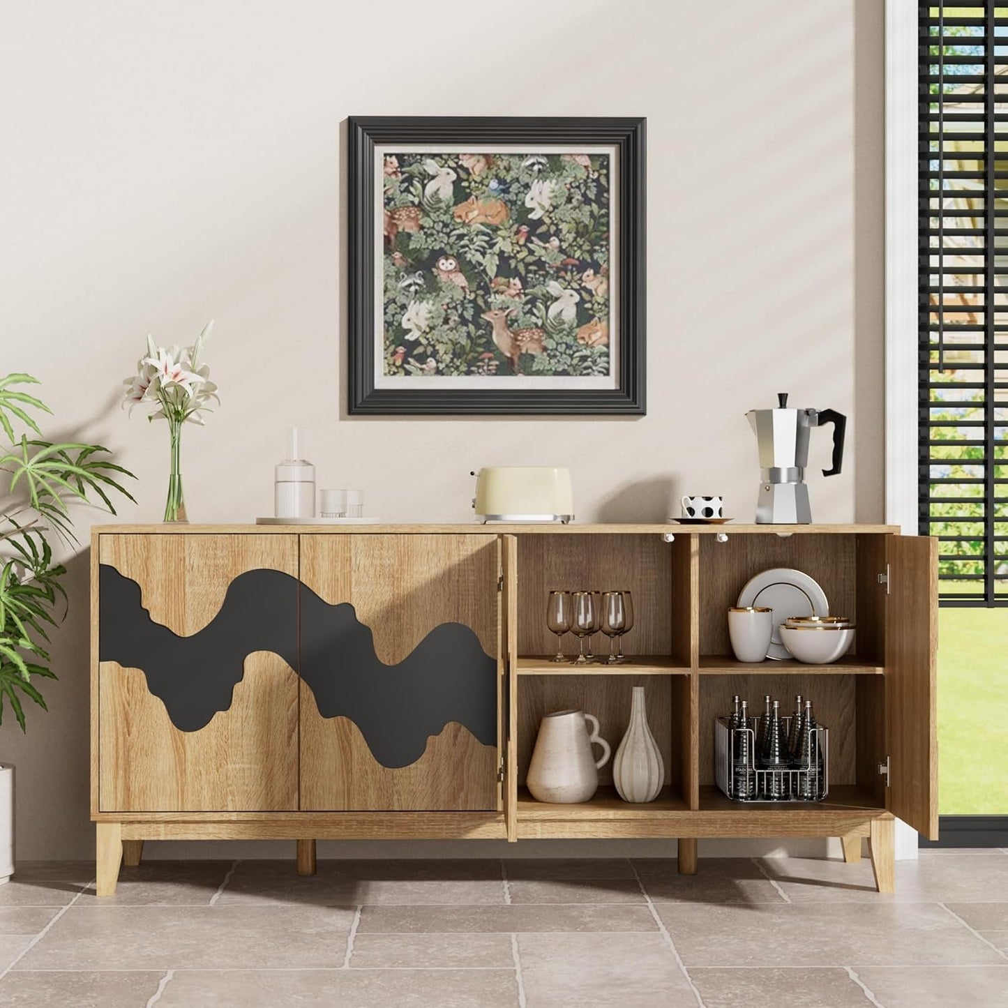 63 Inch Buffet Cabinet White With Blue Water Pattern