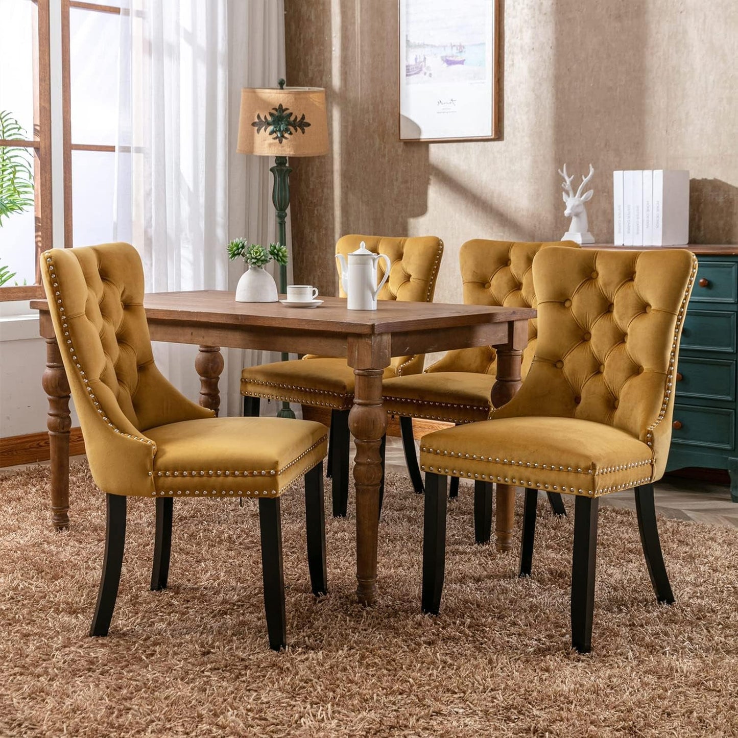 Velvet Tufted Dining Chairs Set Of Four Gold Finish