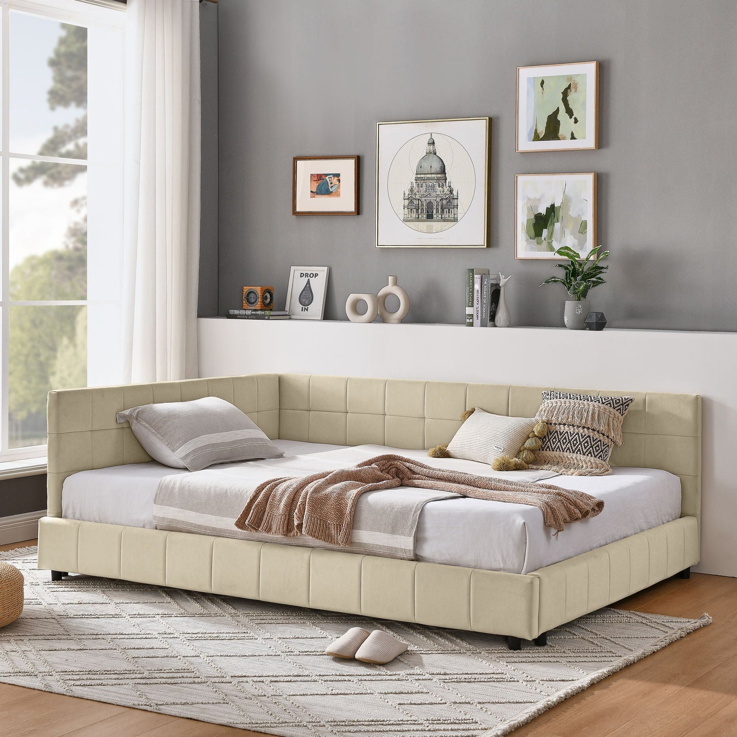 Mid-Century Storage Upholstered Tufted Bed Frame with Backrest and Armrests