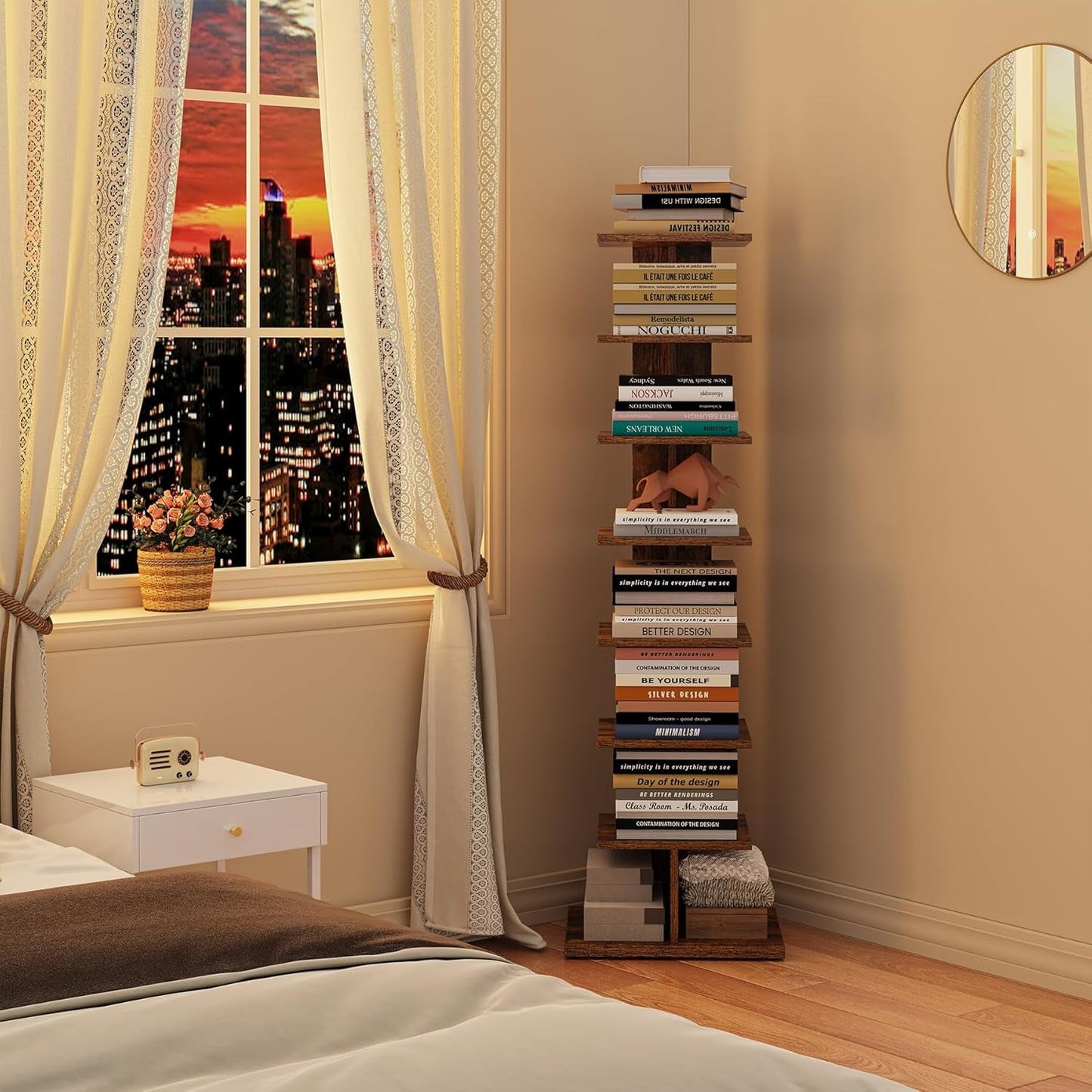 Vertical Bookshelf 8 Tier Rustic Brown Corner Shelf