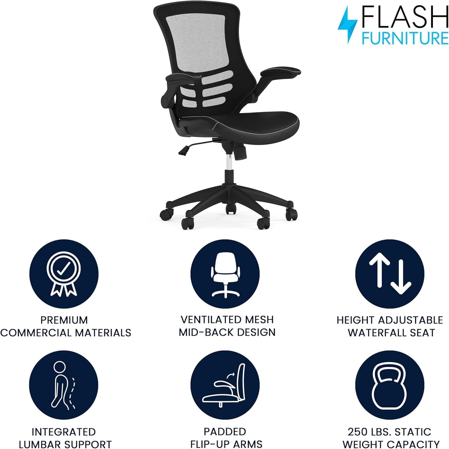 Kelista Mid-Back Ergonomic Office Chair With Adjustable Height, Black