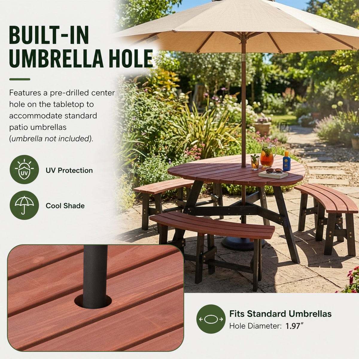 6-Person Semi-Circular Outdoor Solid Fir Wood Picnic Table Set