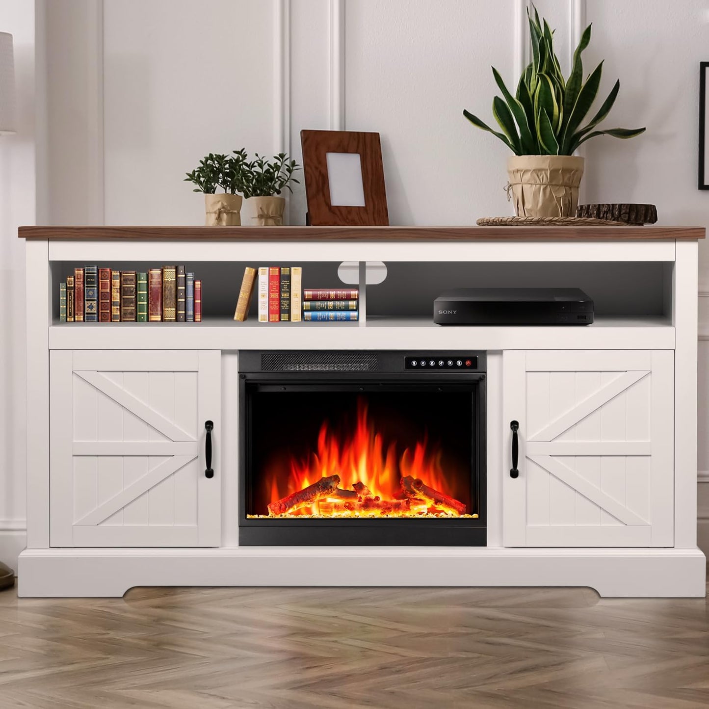 60''Fireplace TV Stand with Freestanding Electric Fireplace&Wooden Storage Cabinet M2301