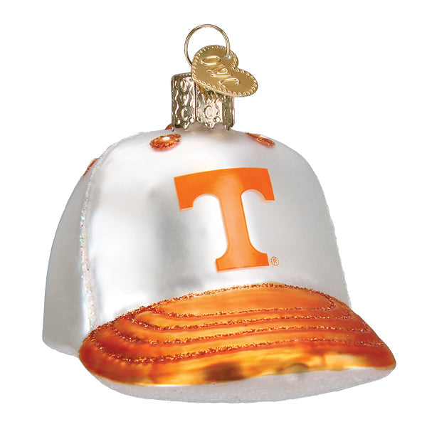 Tennessee Baseball Cap Ornament displayed on a white background, featuring the iconic orange 'T' logo and a golden top.