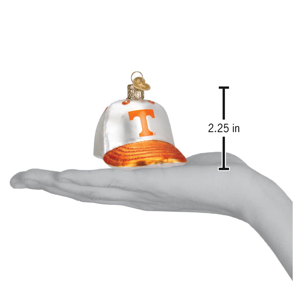 Tennessee Baseball Cap Ornament displayed in a hand, measuring 2.25 inches in height.