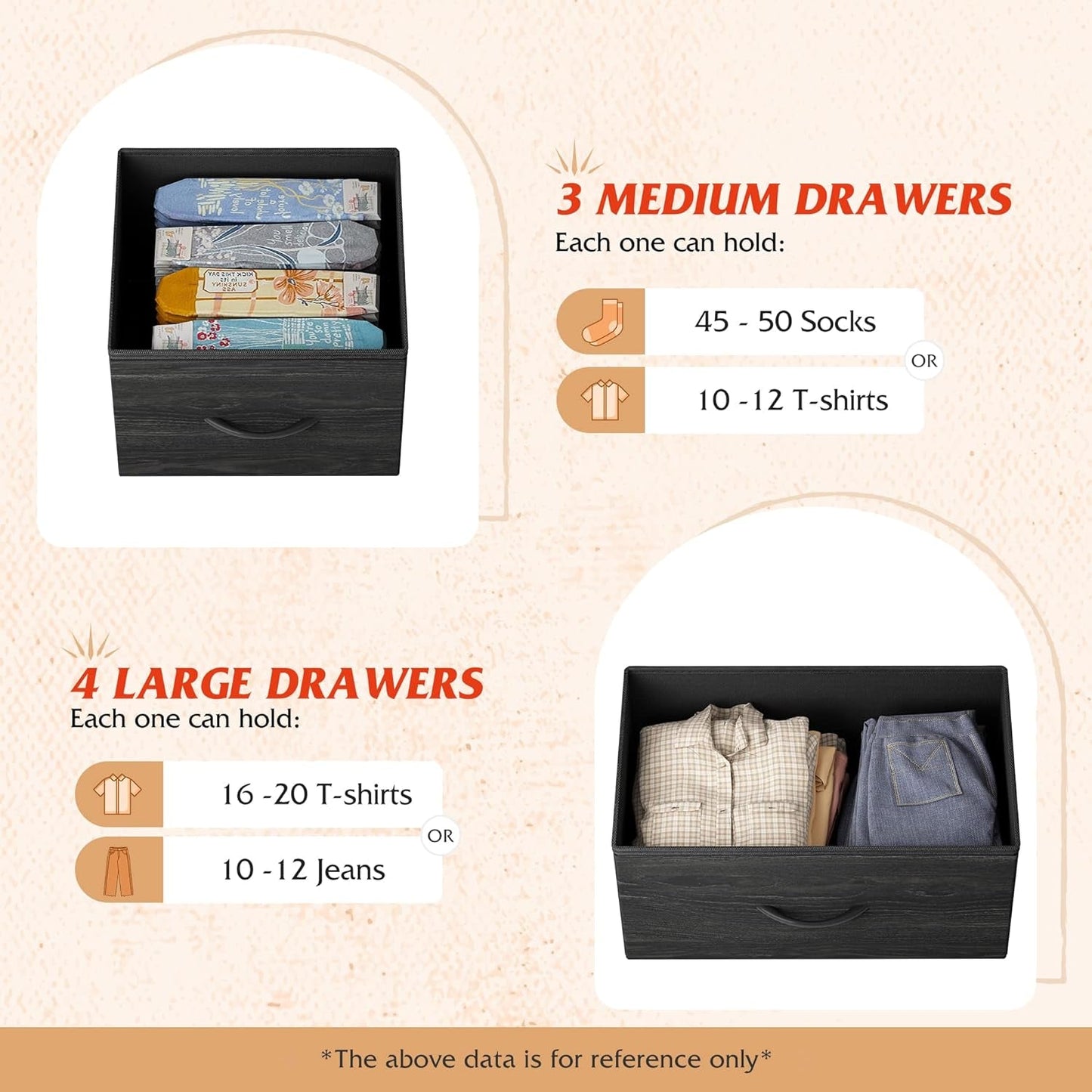 Image showing a TV stand for 45 inch TV with durable fabric drawers, featuring storage capacity details for medium and large drawers.