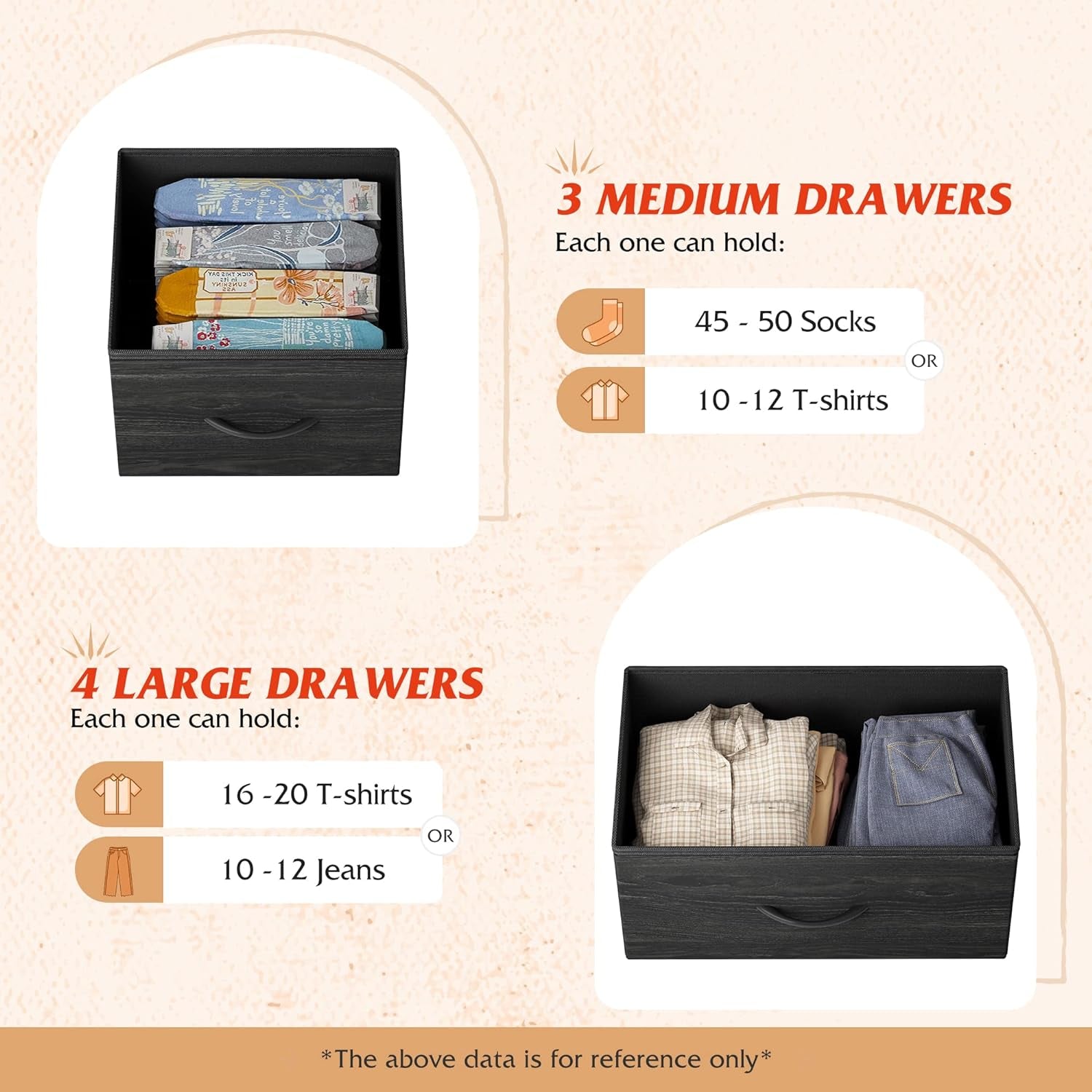 Image showing a TV stand for 45 inch TV with durable fabric drawers, featuring storage capacity details for medium and large drawers.