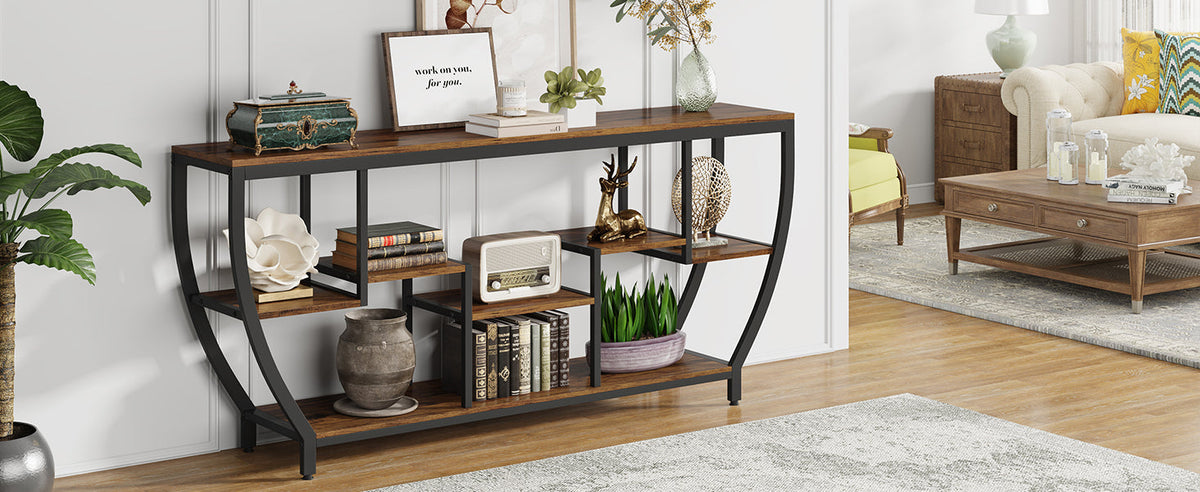 70.9” Industrial Console Sofa Table with 7-Tier Storage Shelves