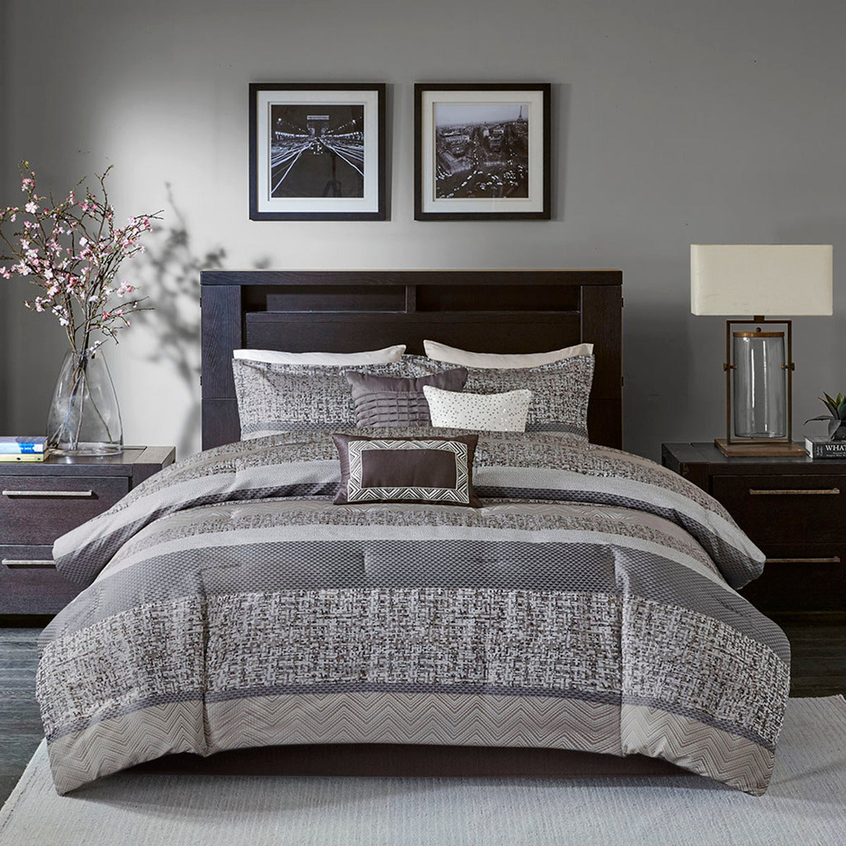7 Piece Jacquard Comforter Set Grey/Taupe King