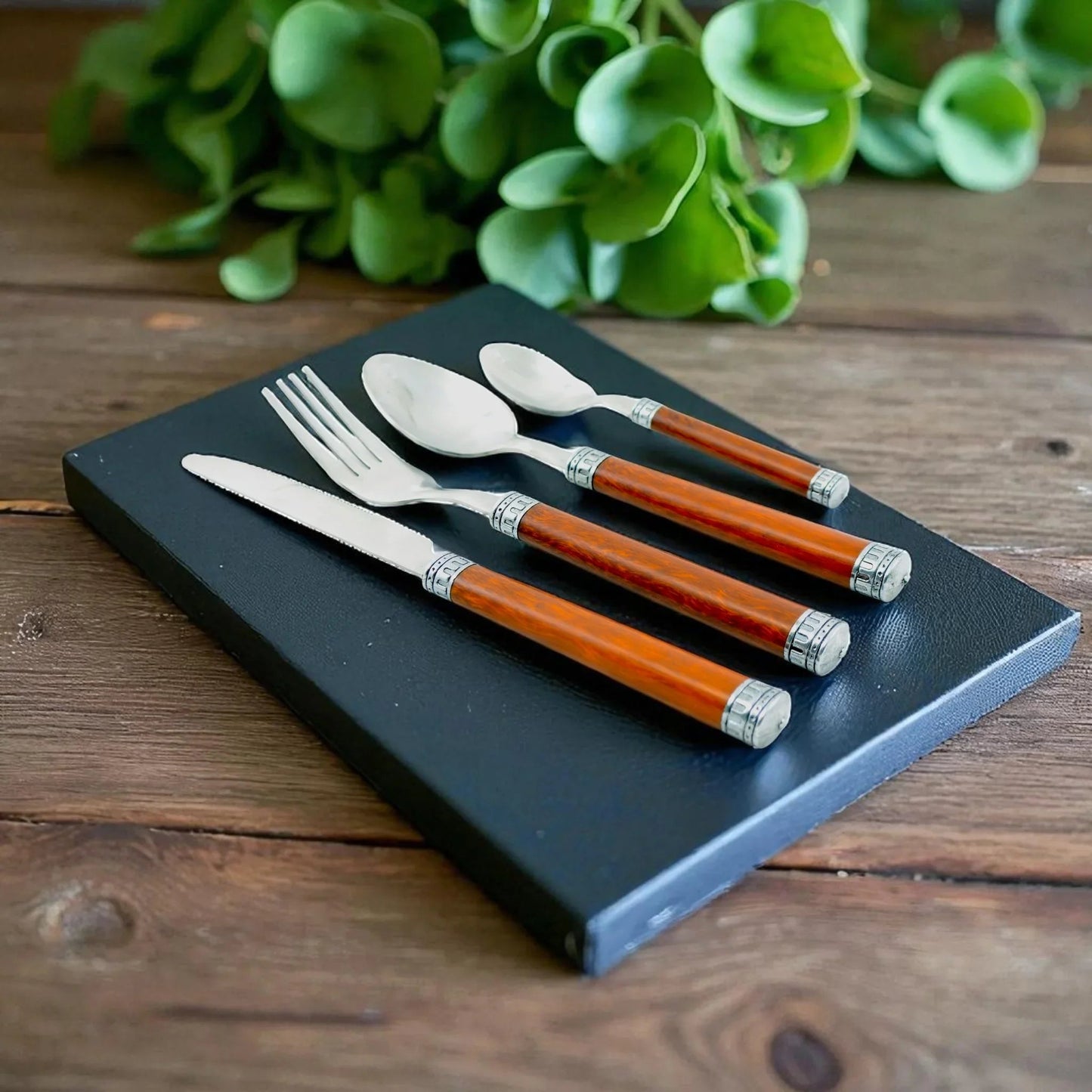 Wood Handle Flatware - 24 Piece Flatware Set for Serving Six